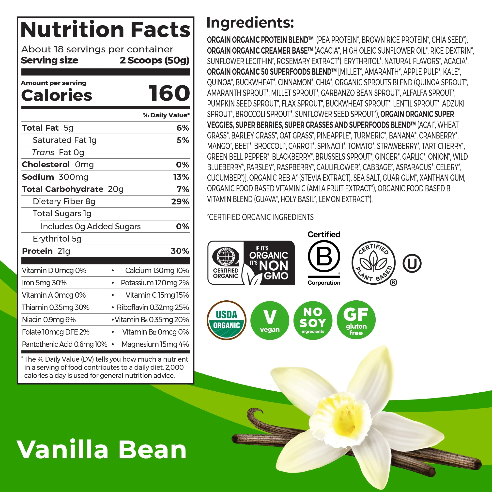 Orgain Organic Plant Based Protein + Superfoods Powder, Vanilla Bean, 21g Protein, 2.02 lb