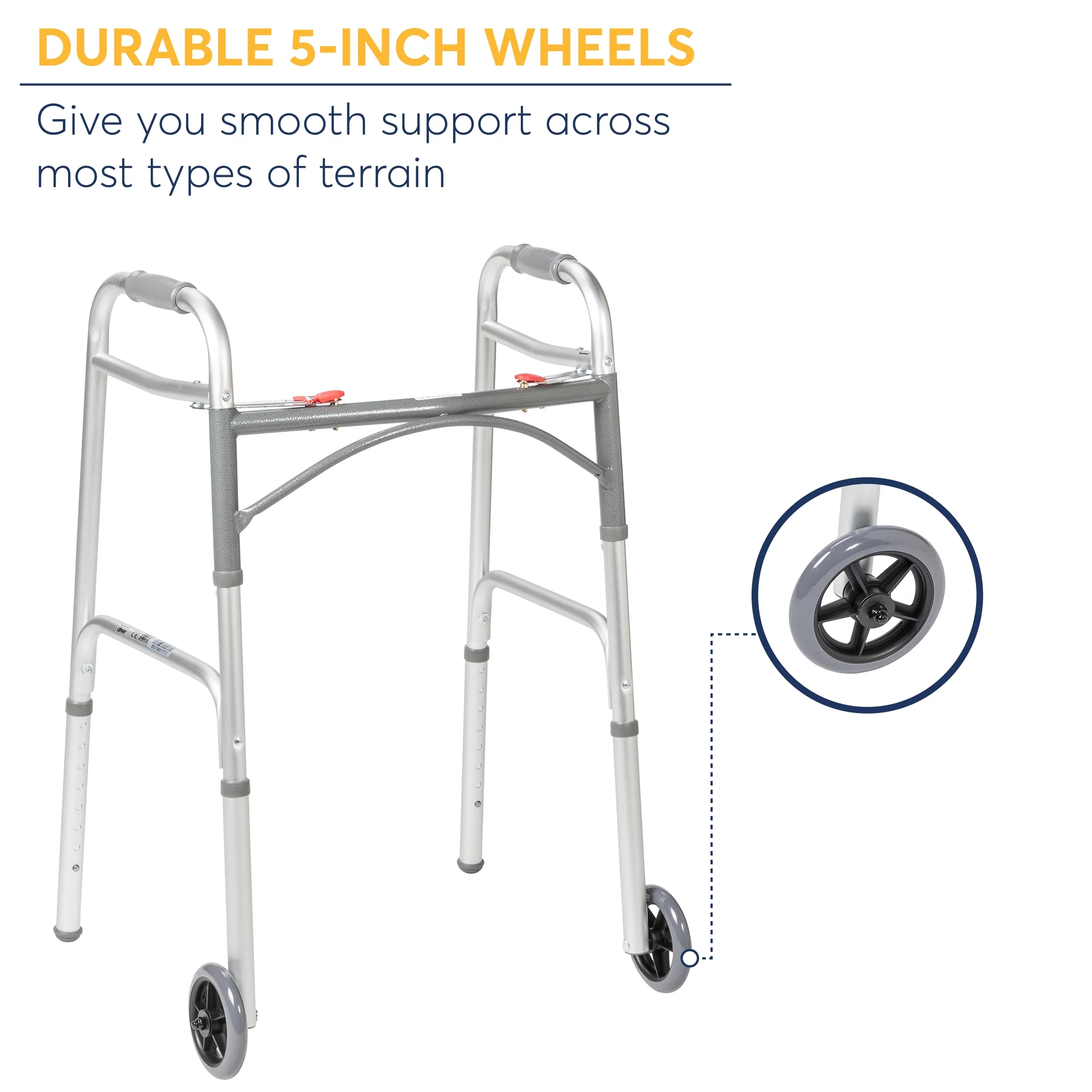 Drive Medical PreserveTech Deluxe Two Button Folding Walker with 5″ Wheels