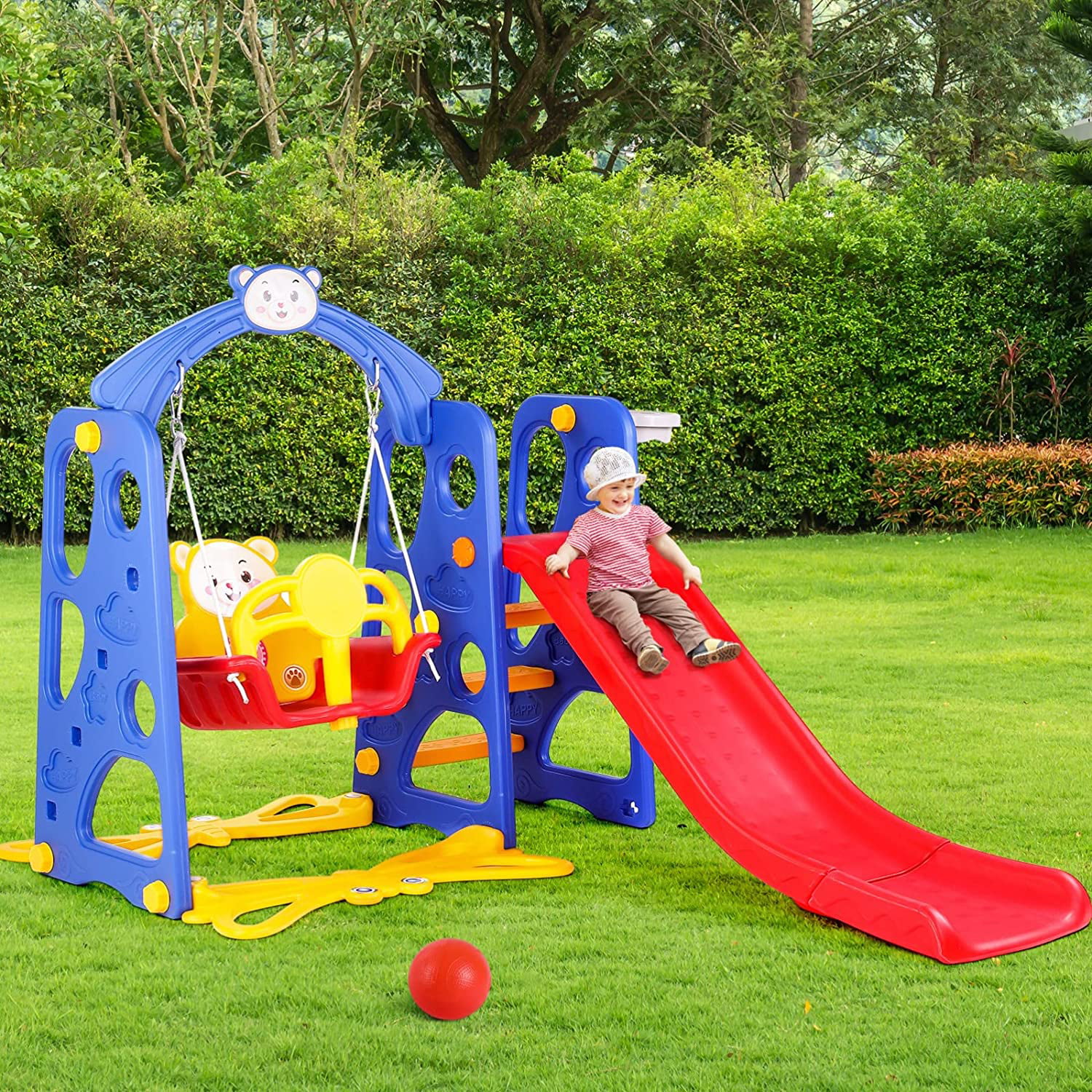 Arlopu Freestanding Toddler Slide and Swing Set, Kids Climber Slide Playset with Basketball Hoop & Ball Indoor Outdoor Backyard Playground