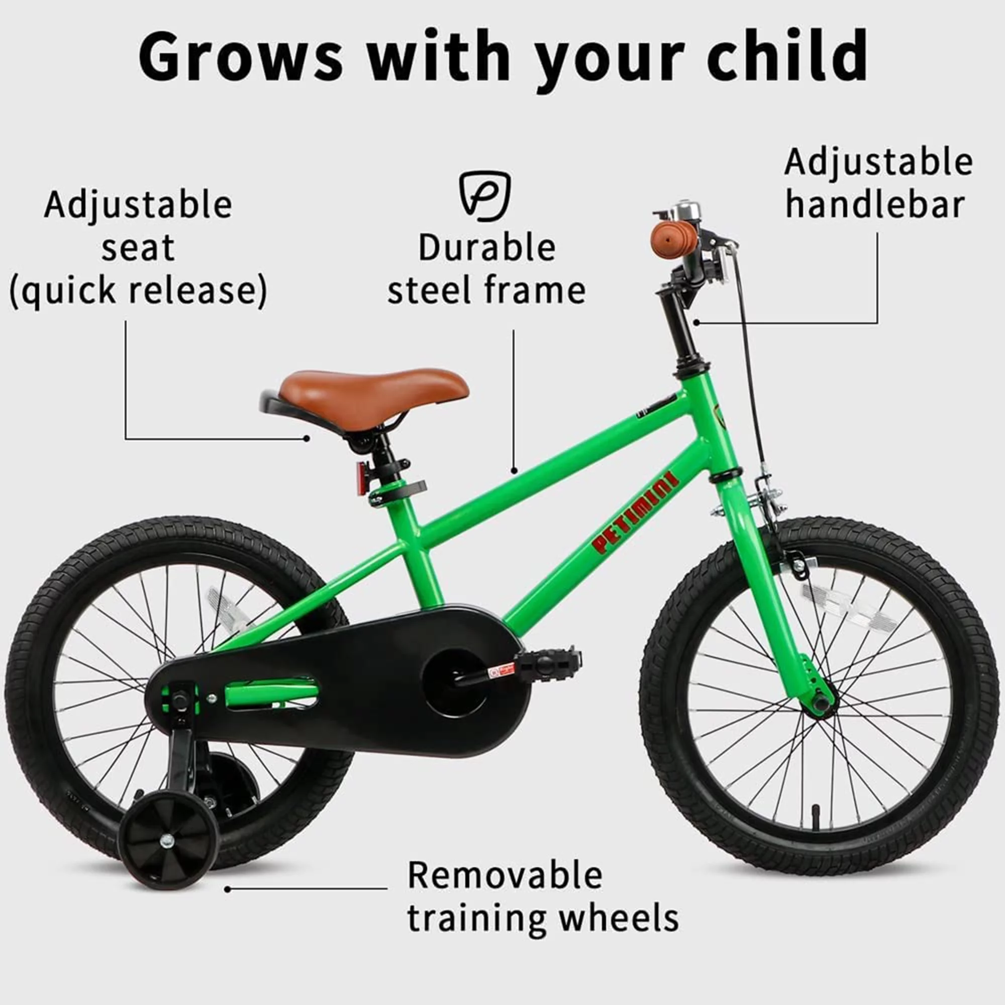 Petimini 16 Inch BMX Kids Bike w/ Training Wheels for 4-7 Years Old, Green