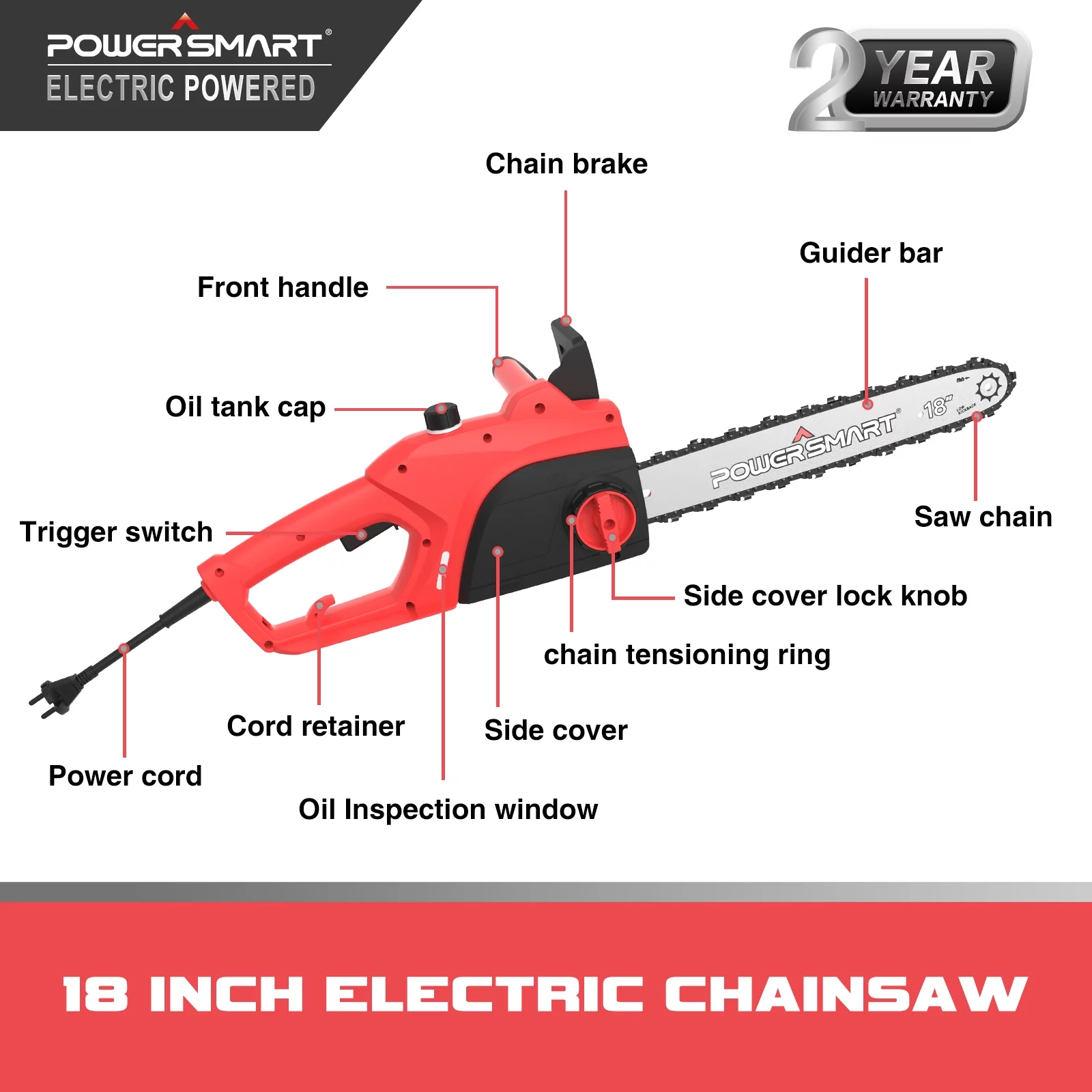 PowerSmart PS8218 18 inch Pruning Corded Electric Chainsaw, 120V 15Amp  Power Chainsaw for Wood Cutting