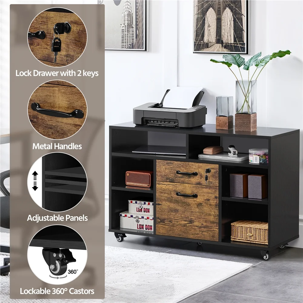 Smile Mart Industrial Wooden Rolling File Cabinet with Lockable Drawer, Black/Rustic Brown