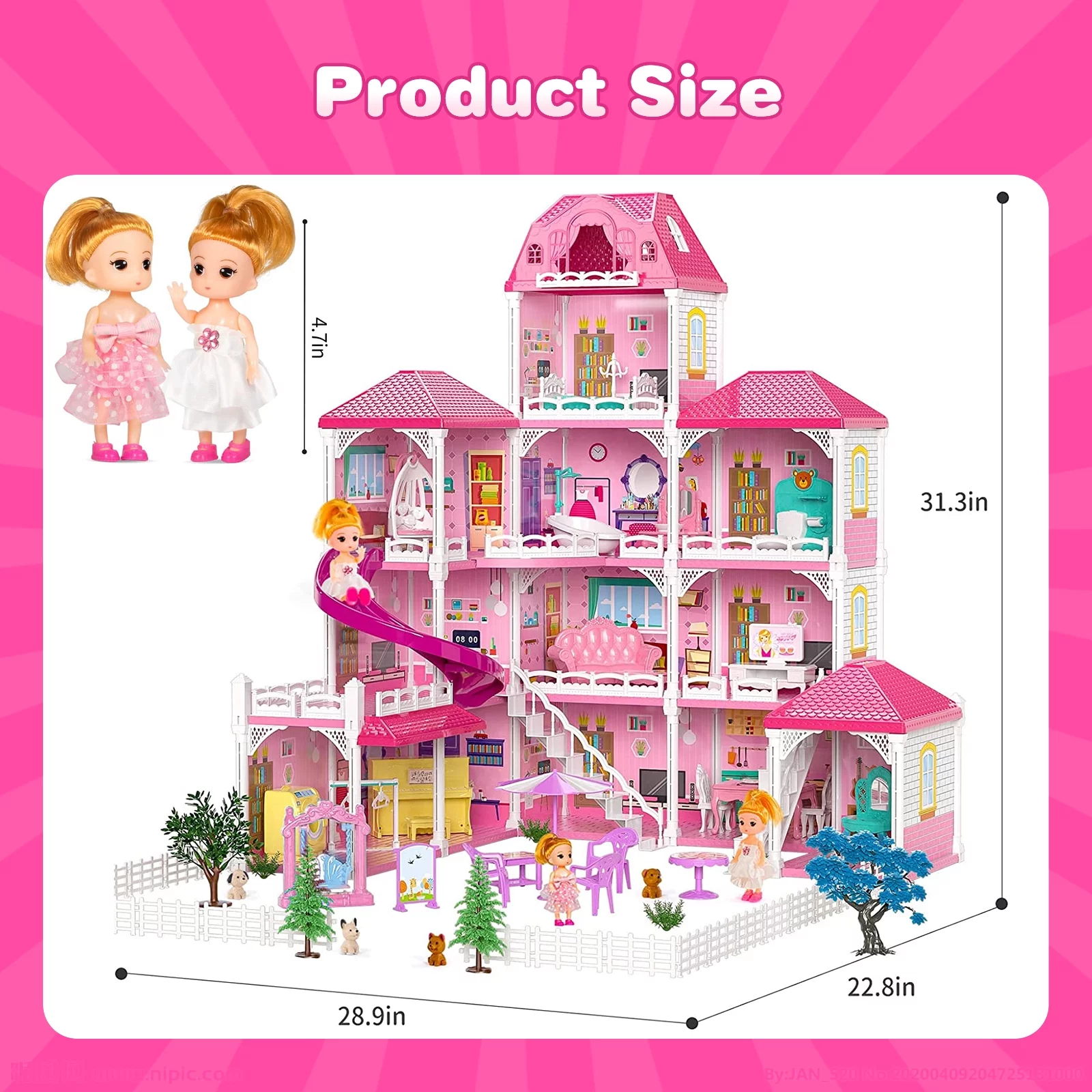 HopeRock Dollhouse for Girls, 4-Story 12 Rooms Playhouse with 2 Dolls Toy Figures, Gift Toy for Kids Ages 3 4 5 6