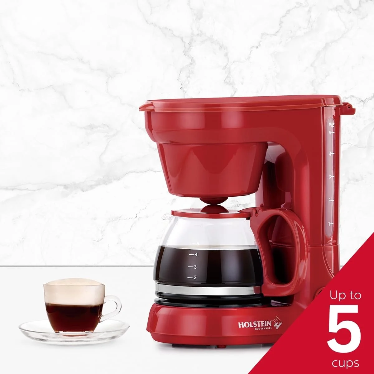 Holstein Housewares 5-CUP Coffee Maker – Space-Saving Design, Auto Pause and Serve, and Removable Filter Basket for Fresh and Rich-Tasting Coffee – RED