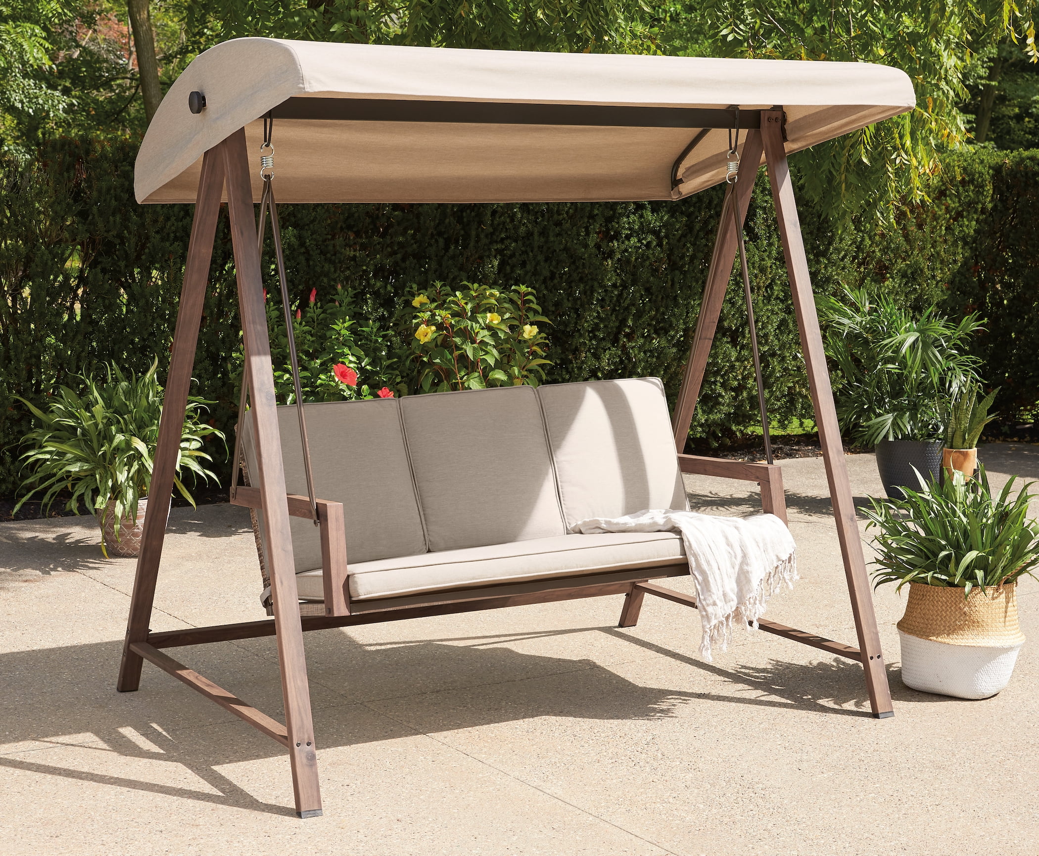 Better Homes & Gardens Willow Springs 3-Seat Steel Canopy Porch Swing with Cushions, Brown/Gray