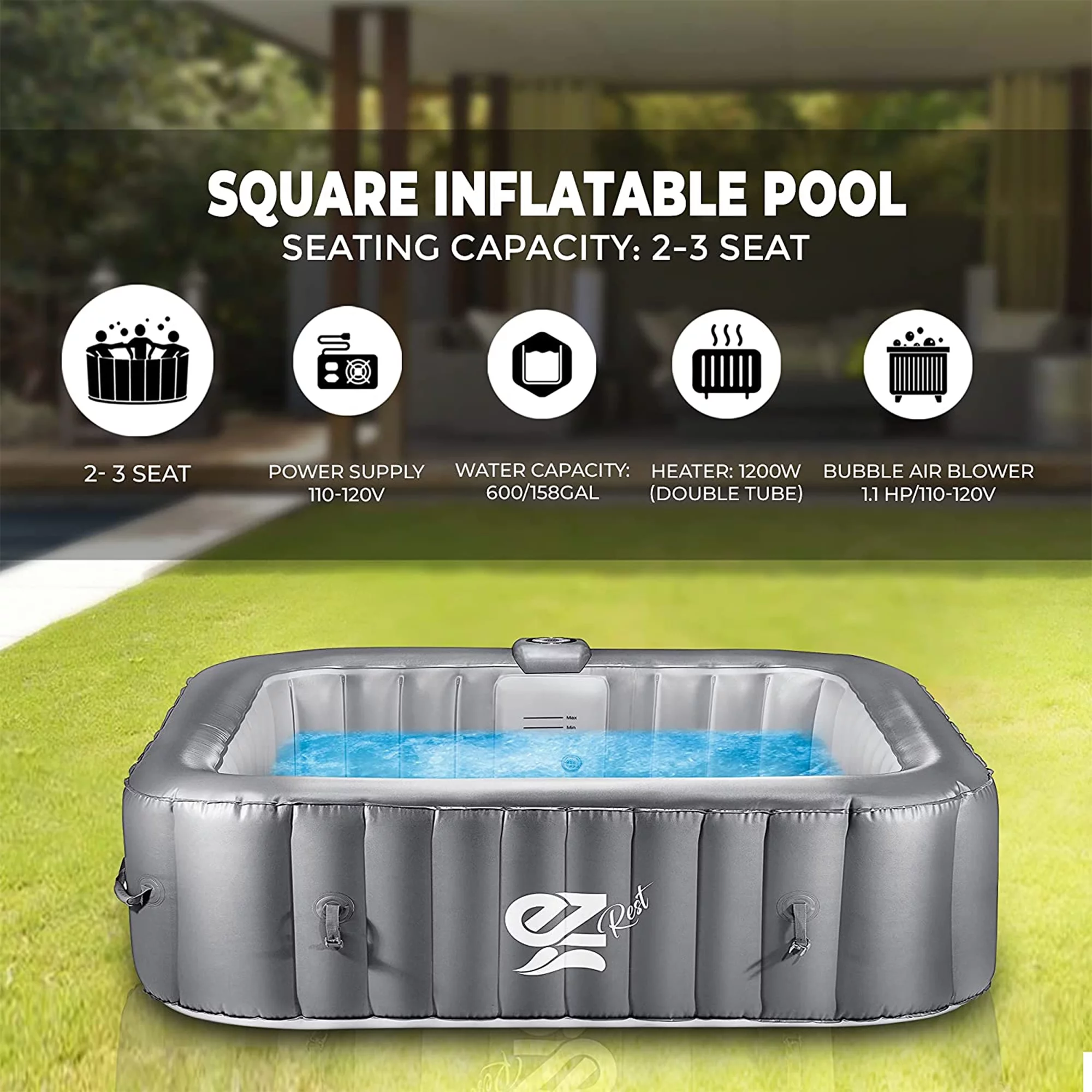 SereneLife Outdoor Portable 4 Person Inflatable Square Hot Spa Tub Spa