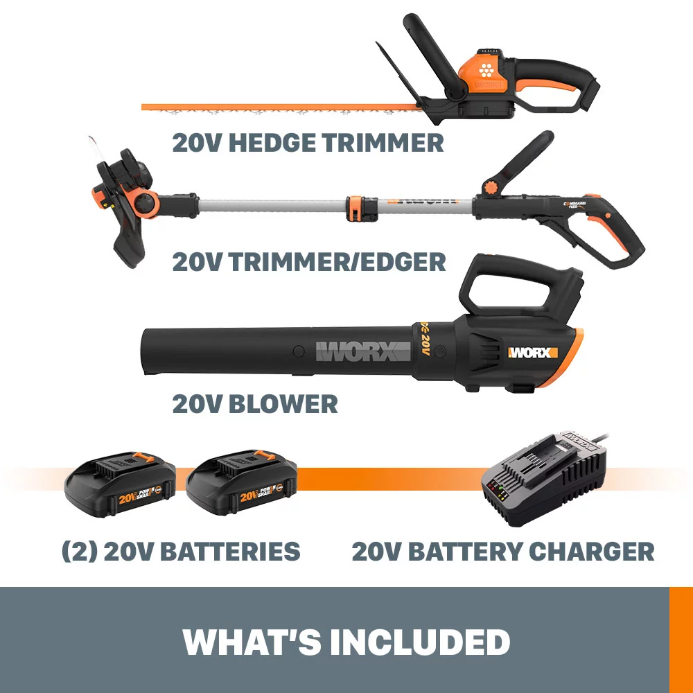 Worx WG931 Power Share 20V Cordless Grass Trimmer, Hedge Trimmer, & Blower Combo (Batteries and Charger Included)