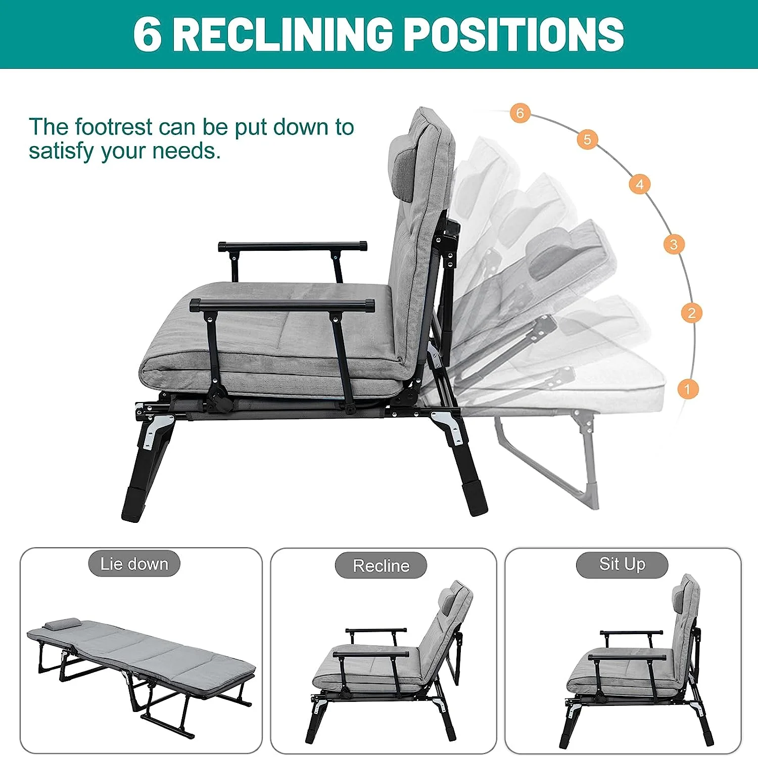 Slsy 3 in 1 Folding Camping Cot Bed with Mattress & Pillow, Adjustable 6-Position Folding Lounge Chair, Folding Cot Bed