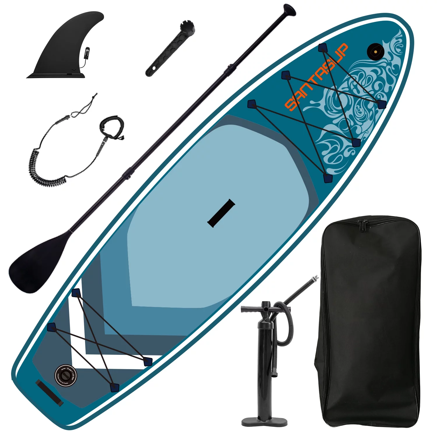 Kadyn Inflatable Stand Up Paddle Board with 3 Fin, Pump, Safety Leash, Backpack and Removoble Paddle, Quashley Pattern, Antique Blue Green