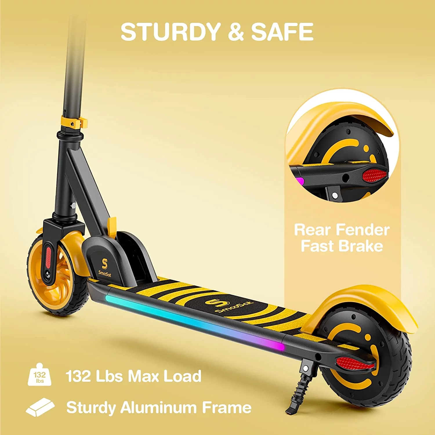 SmooSat Foldable Electric Scooter for Kids with Wireless Music Speaker, Colorful LED Lights and Display, 3 Speeds 5/8/10 MPH and Adjustable Height E-Scooter, Ideal Gift for Kids Age 8+