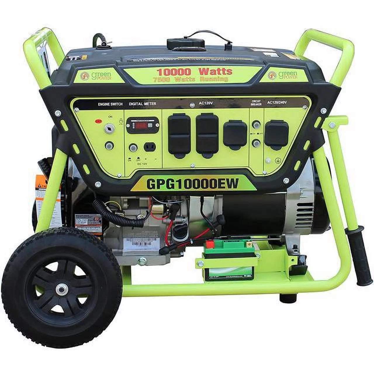 Green-Power America Gas Generator w/ Electric Start Pro Series GPG10000EW delievers 10000 watts of starting power and 7500 watts of continious power.