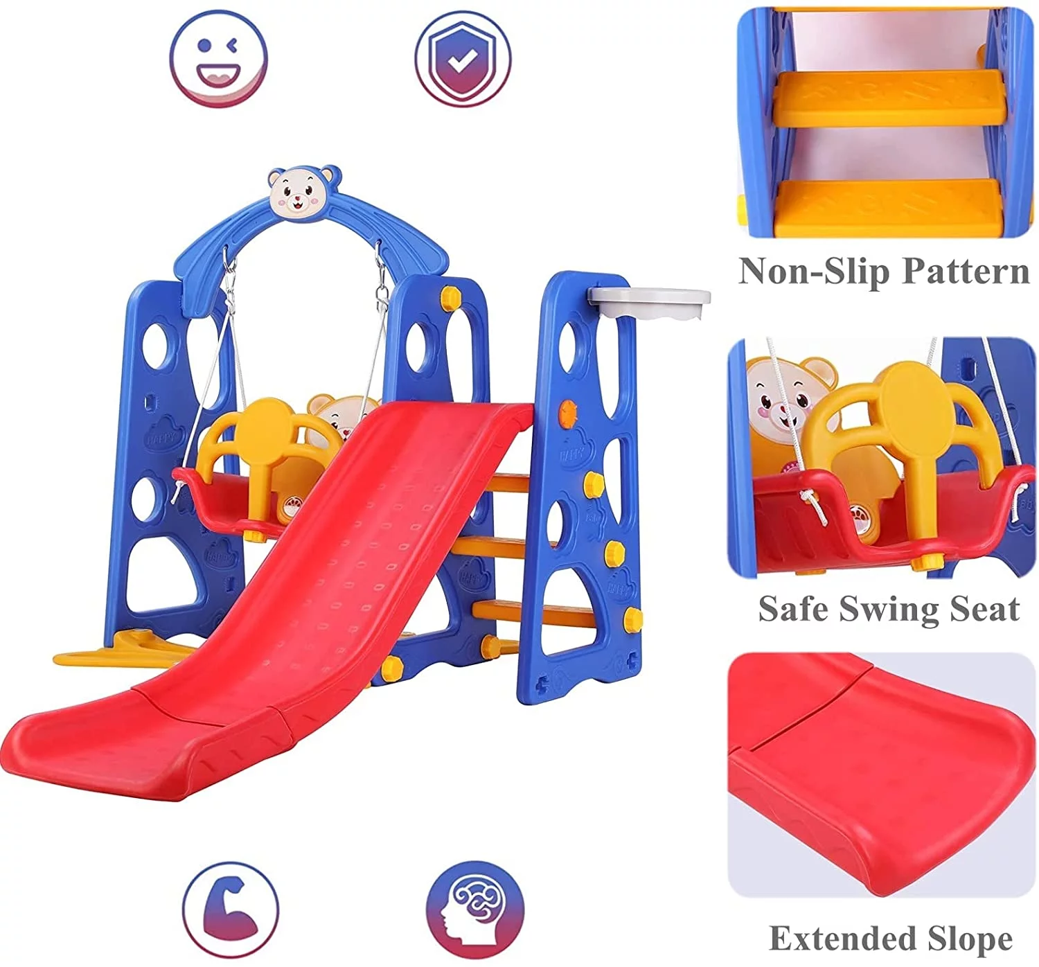 Increkid Kids Slide and Swing Set, Toddler Climber Baby Slide Playset W/ Basketball Hoop