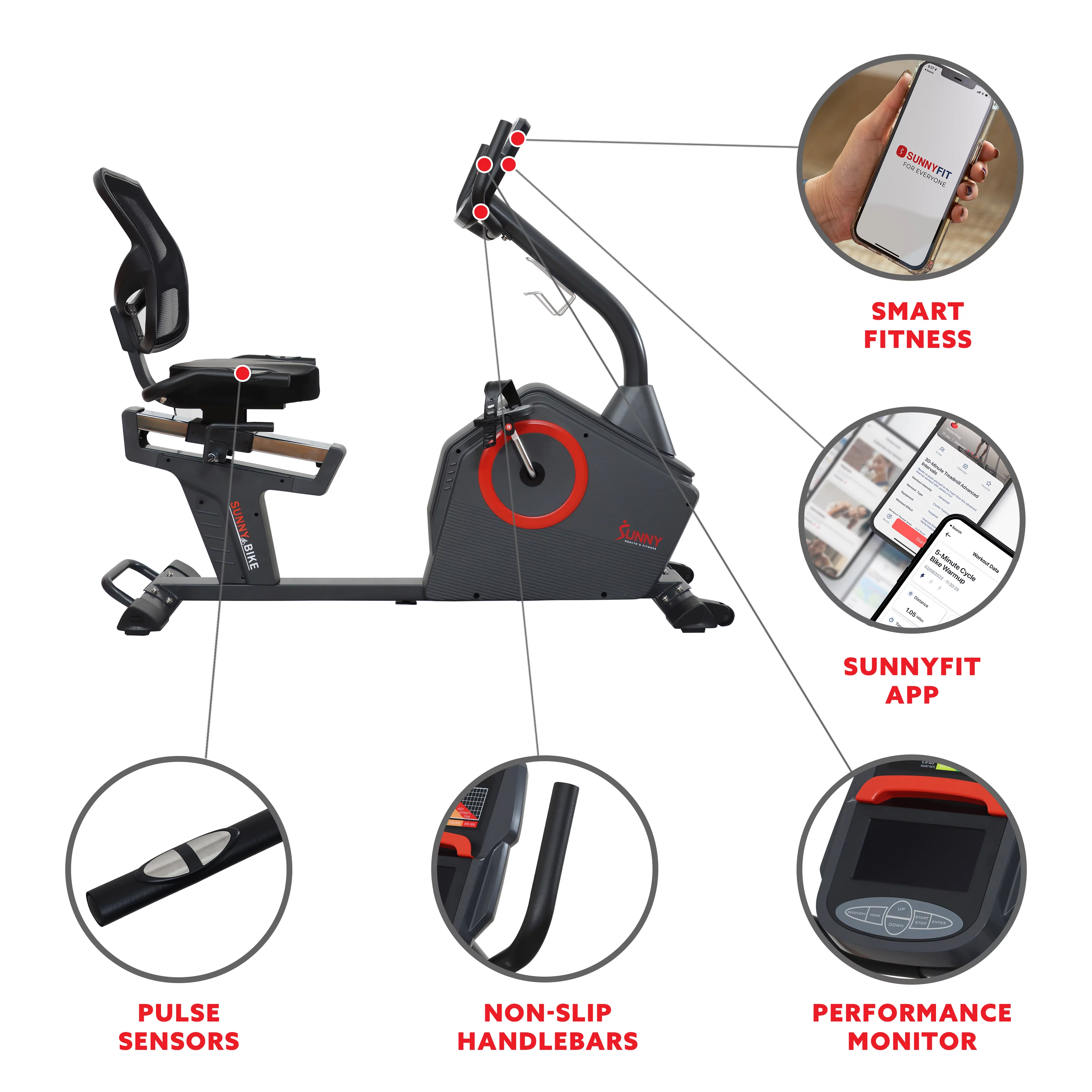 Sunny Health & Fitness Premium Magnetic Resistance Smart Recumbent Bike with Exclusive SunnyFit App Enhanced Bluetooth Connectivity – SF-RB4850SMART