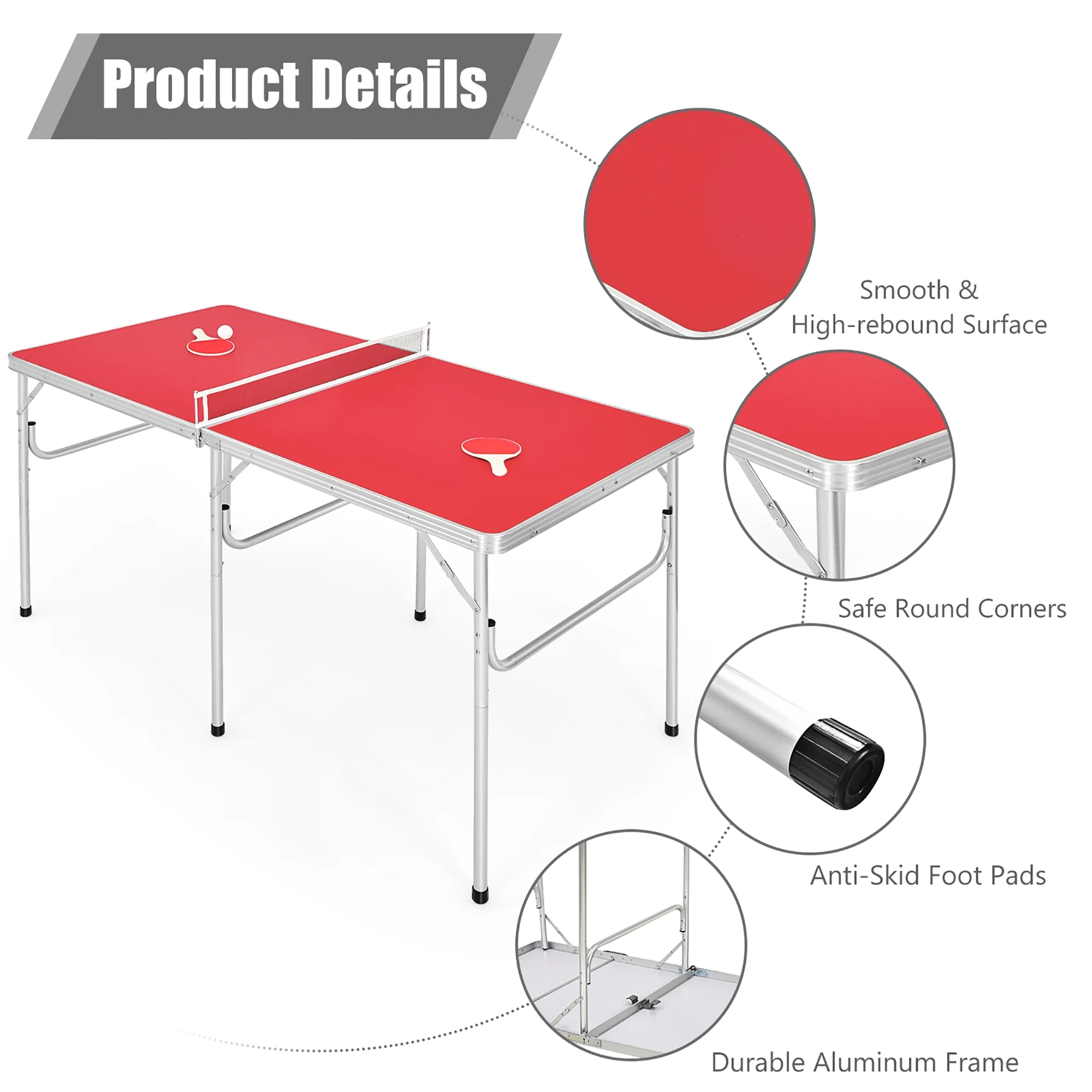 60” Portable Table Tennis Ping Pong Folding Table w/Accessories Indoor Game Red