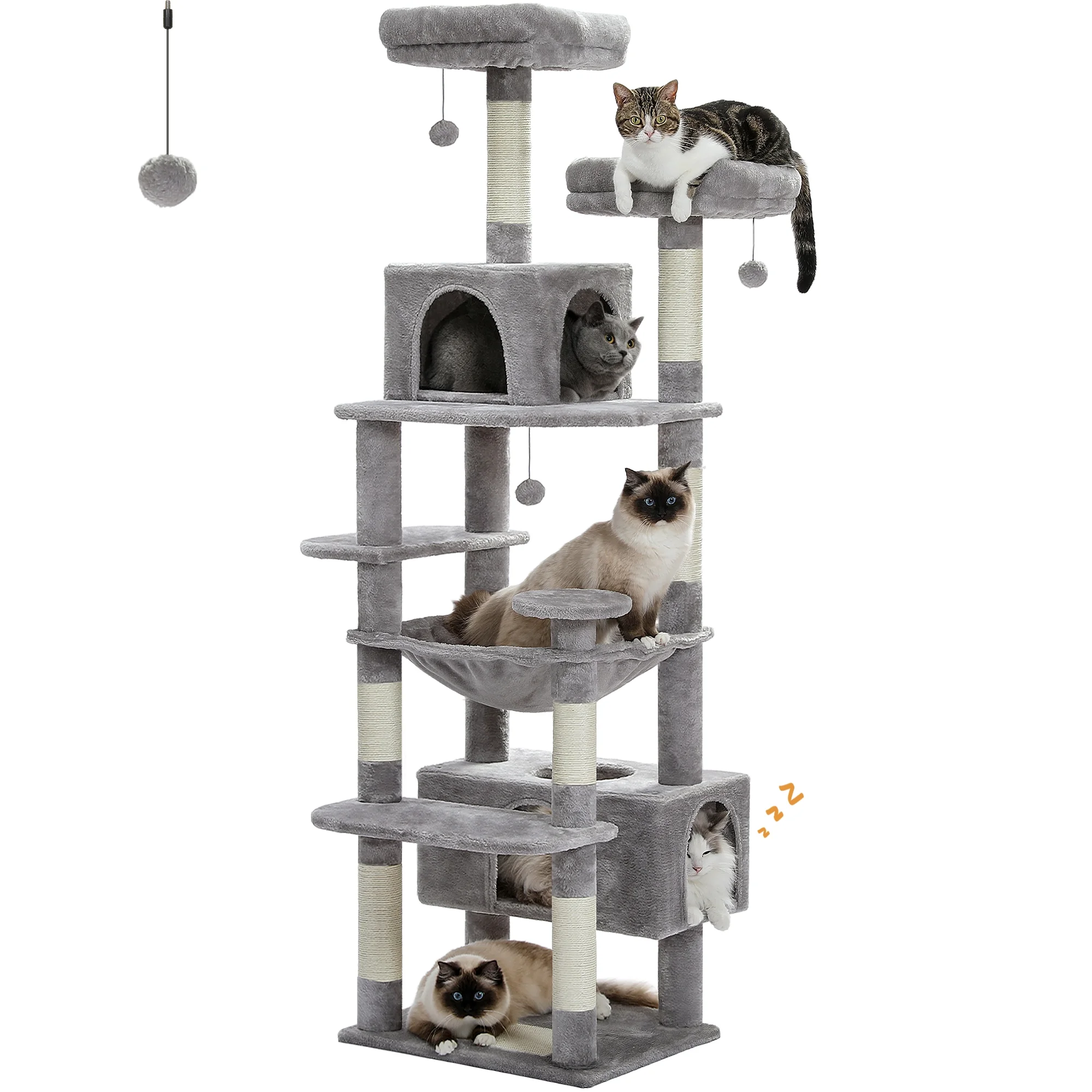 PAWZ Road 73″ Cat Tree for Large Cats Multi Level Tall Cat Tower Condo with 7 Scratching Posts, Gray