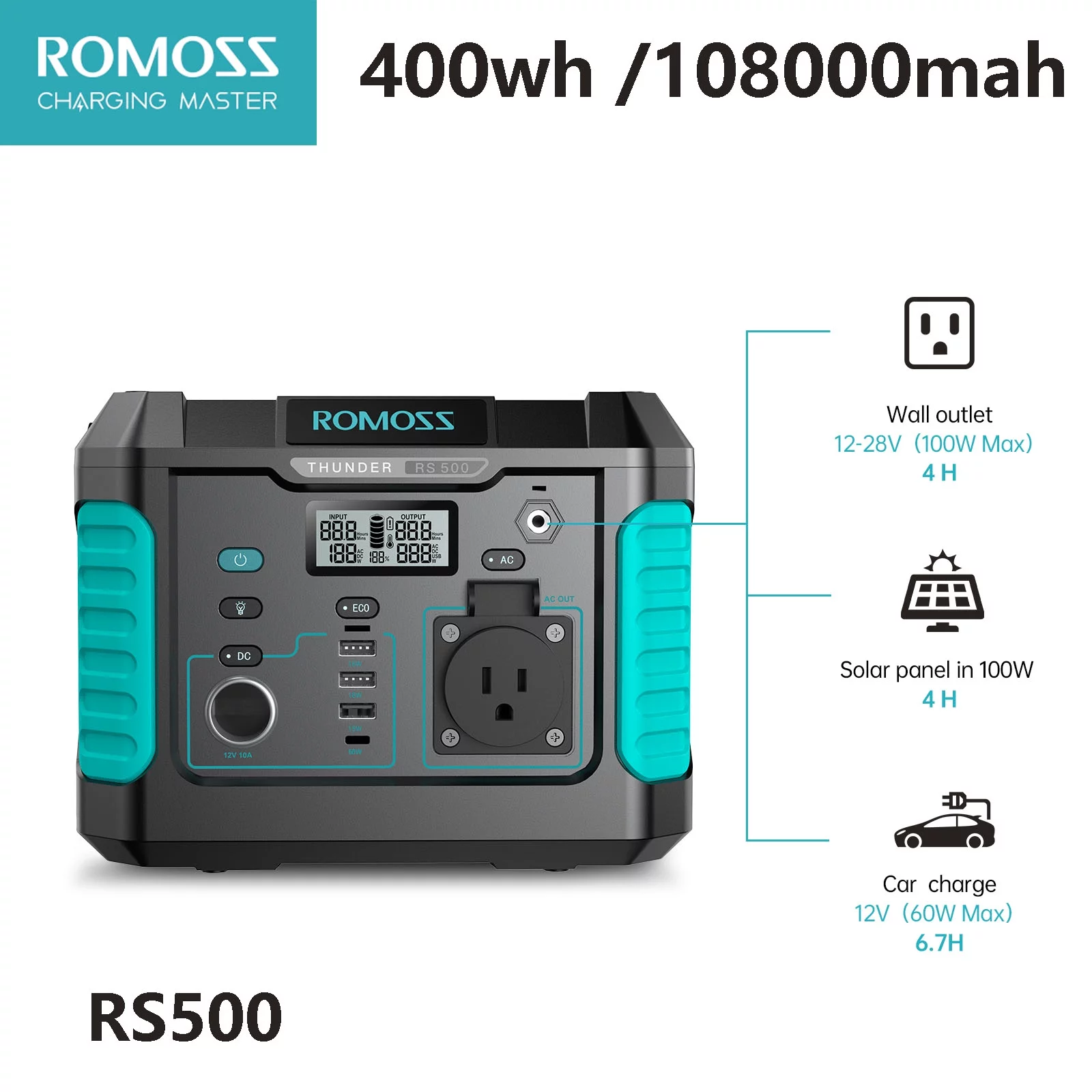 ROMOSS 1000W 110V/220V Power Station 400Wh 108000mah Solar lithium Generator