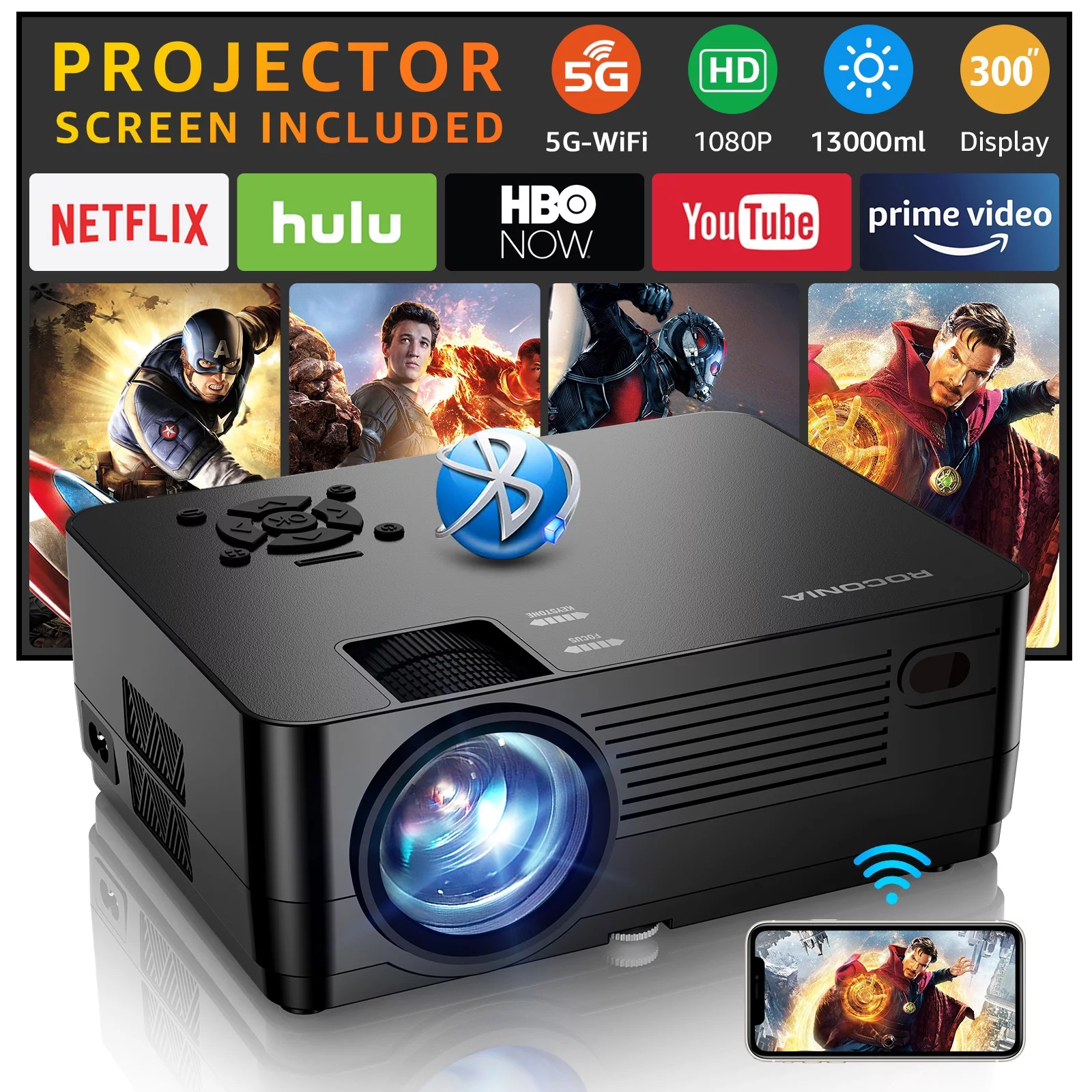 ROCONIA 5G WiFi Bluetooth Native 1080P Projector, 13000LM Full HD Movie Projector, LCD Technology 300″ Display Support 4k Home Theater,(Projector Screen Included)