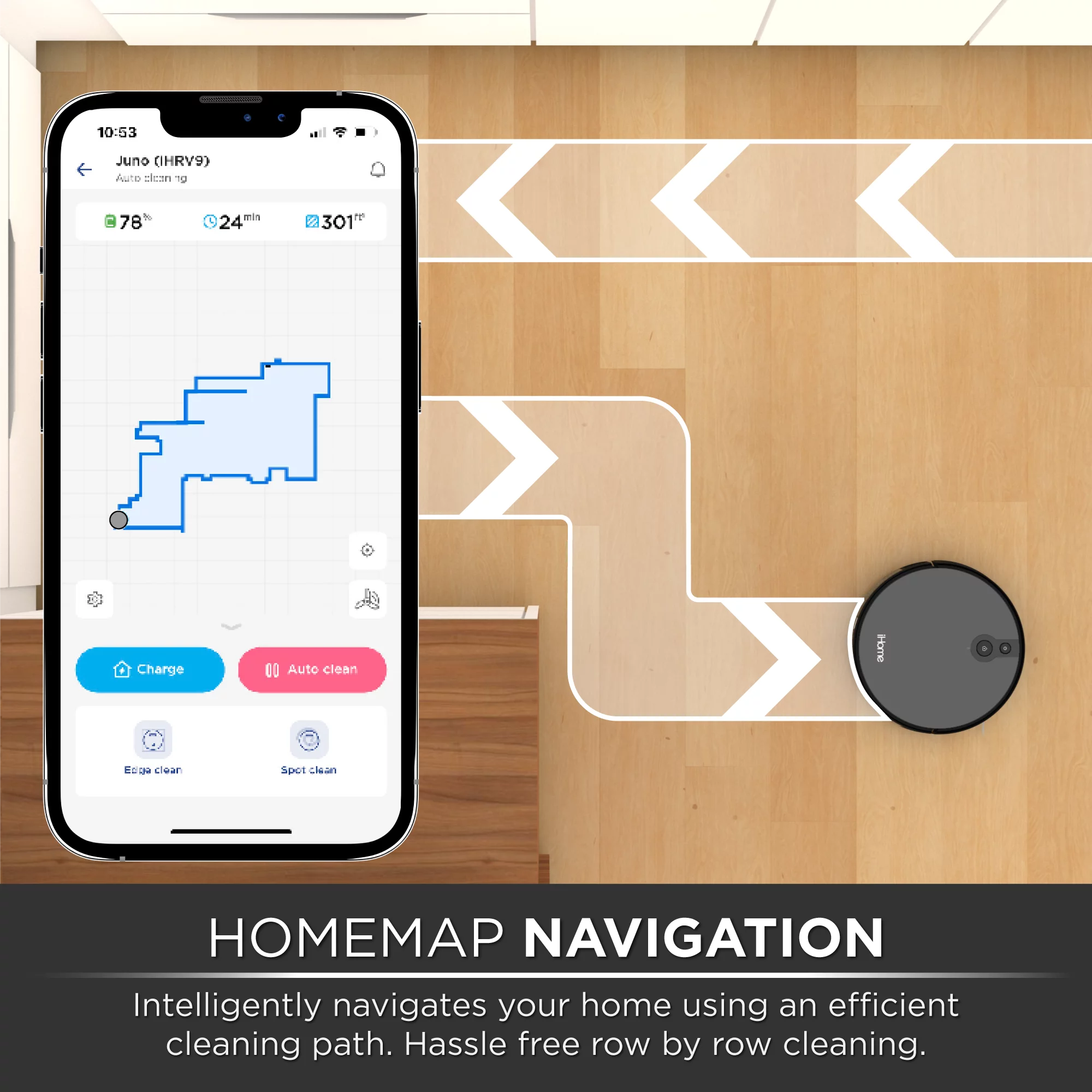 iHome AutoVac Juno Robot Vacuum, Mapping Technology, Strong Suction, 120 Min Runtime, App + Remote Control, New