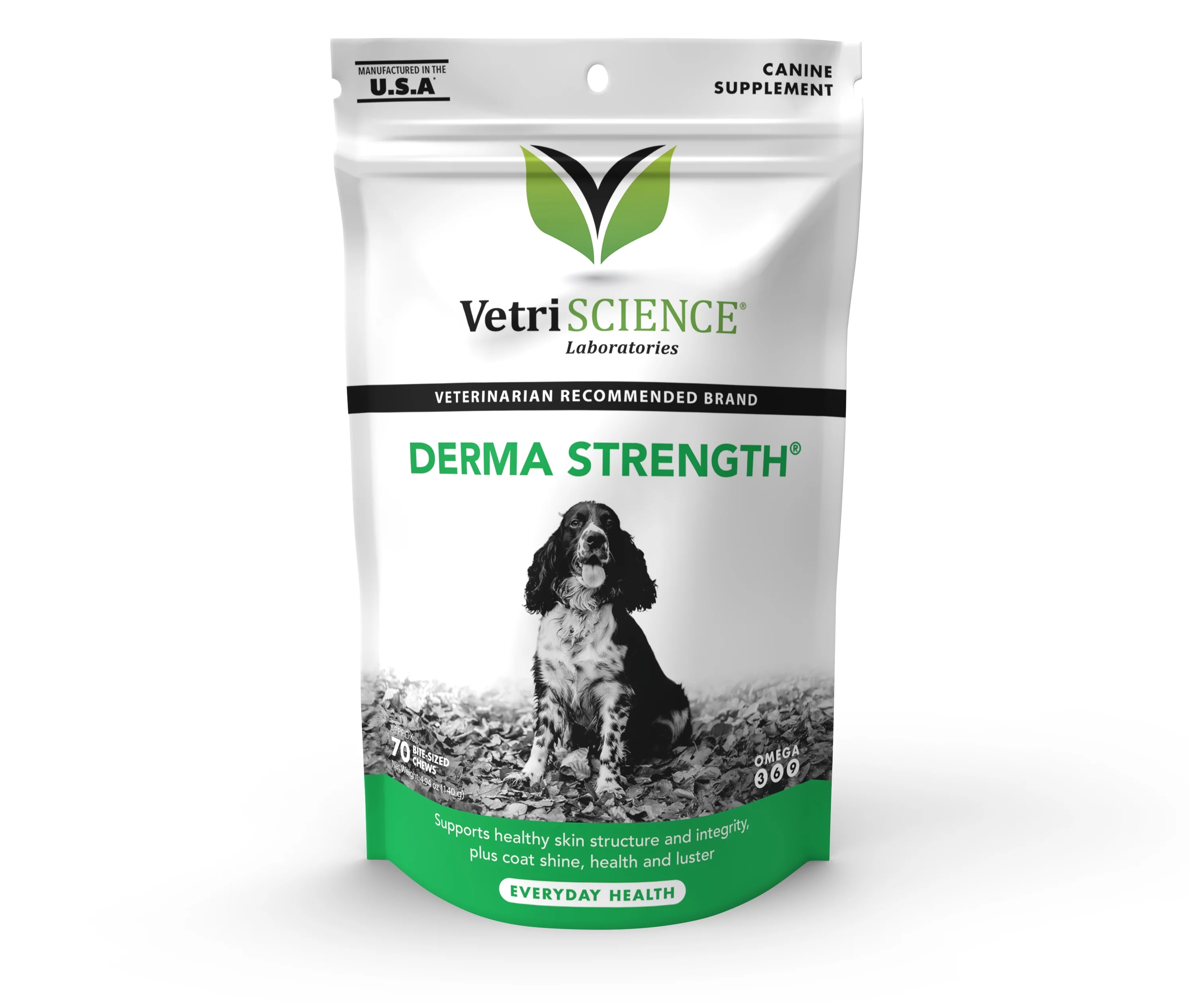 VetriScience Derma Strength Allergy, Immunity and Itchy Skin Supplement for Dogs with Omega 3 6 9, Salmon Flavor, 70 Soft Chews