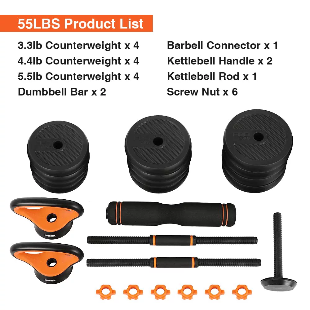 55lb Adjustable Weights Dumbbell Set, Portable Interchangeable Dumbbell, Barbell, and Kettlebell Set