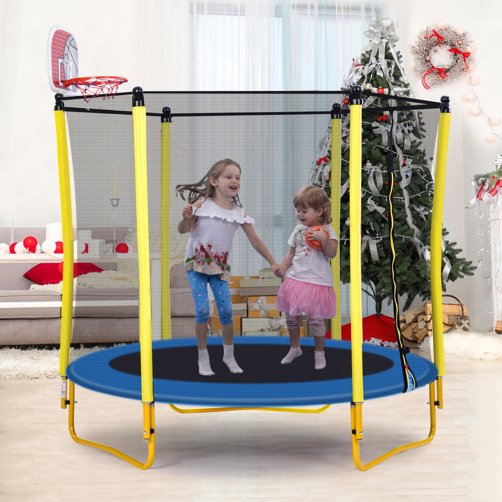 Zarler Trampoline for Kids with Basketball Hoop Rubber Ball and Safety Enclosure Net 5.5FT Mini Toddler Trampoline