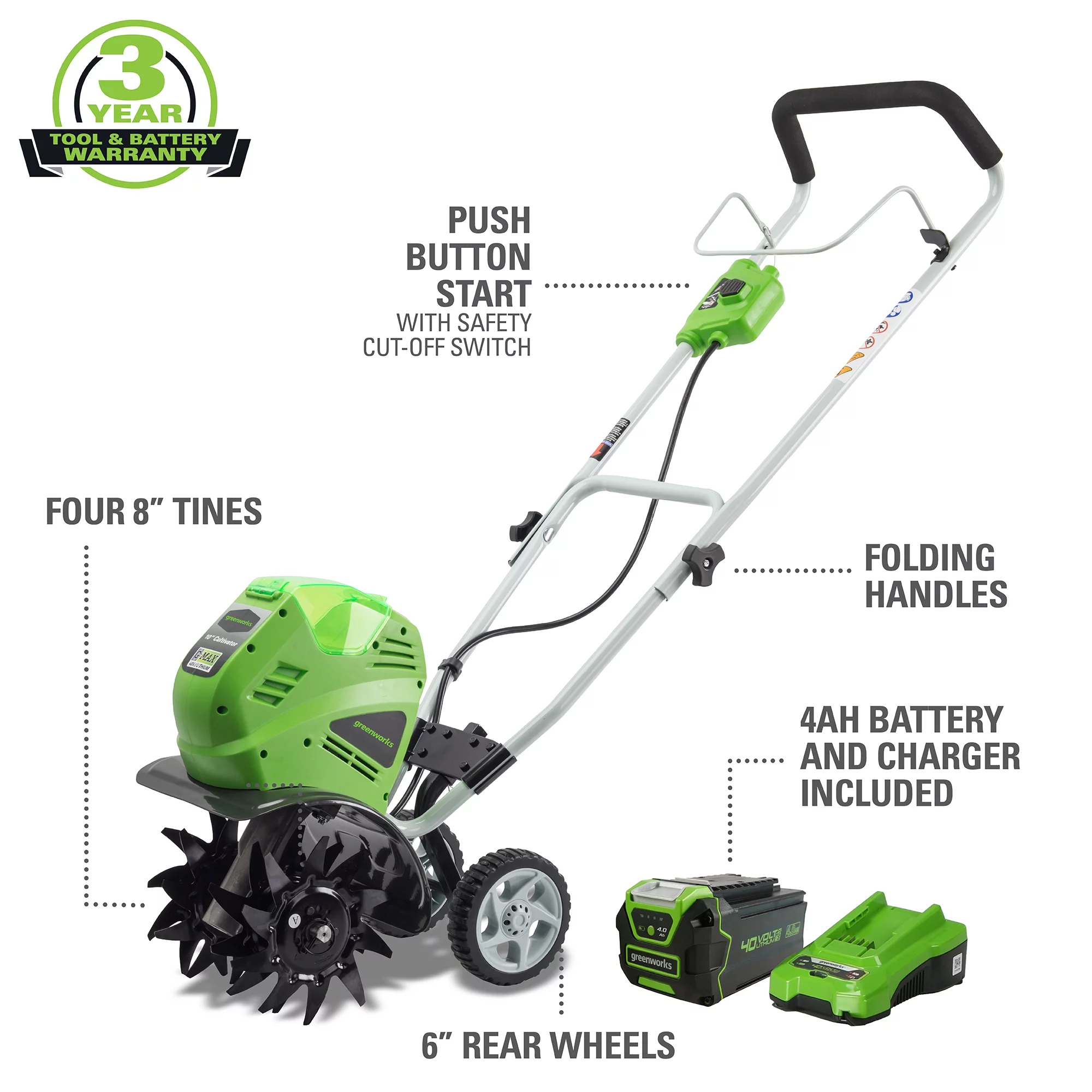 Greenworks 40V 10-inch Cordless Cultivator/Tiller with 40 Ah Battery and Charger, 27062