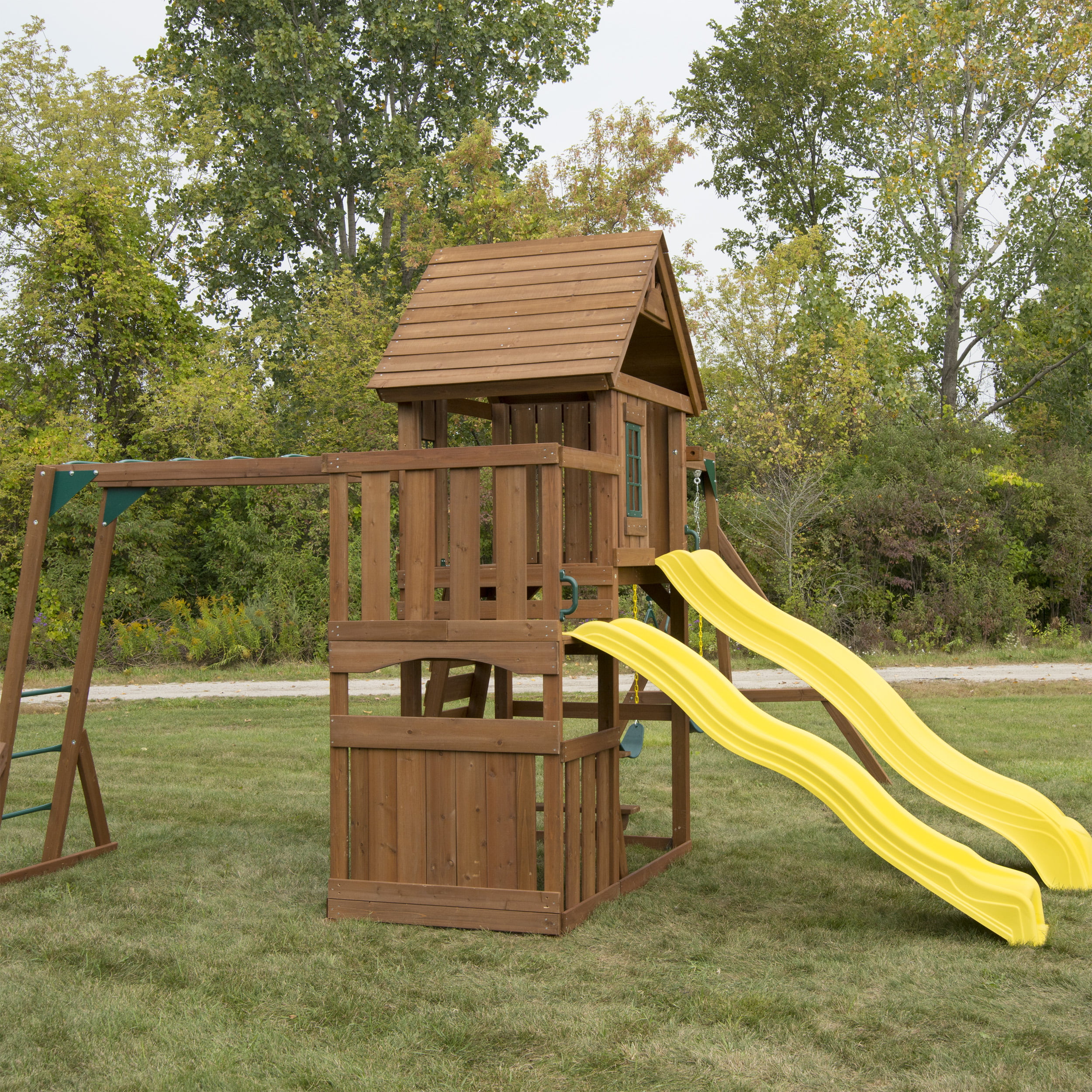 Swing-N-Slide Timberview Wooden Backyard Swing Set with Two Yellow Wave Slides, Wood Roof, Swings, and Monkey Bars