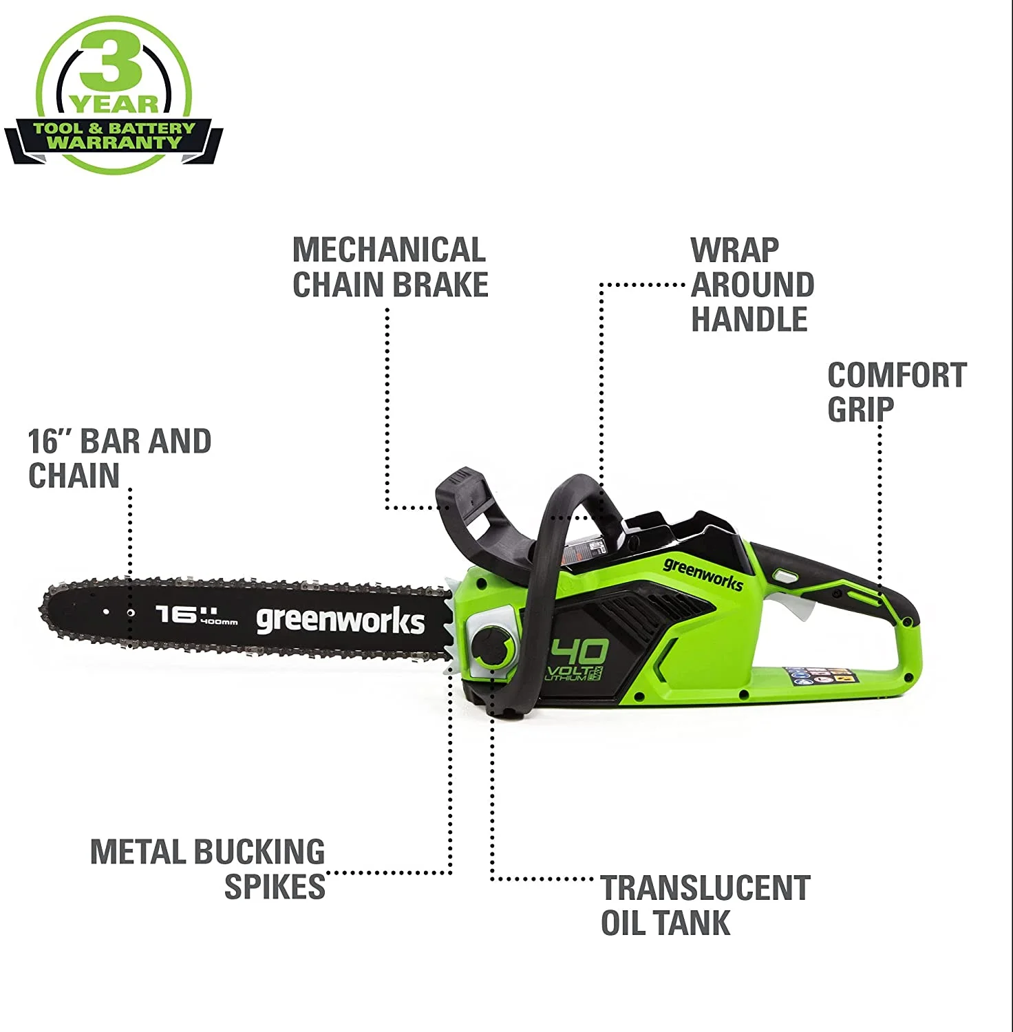 Greenworks 40V 16-inch Brushless Chainsaw with 4 Ah Battery and Charger, 2016802AZ