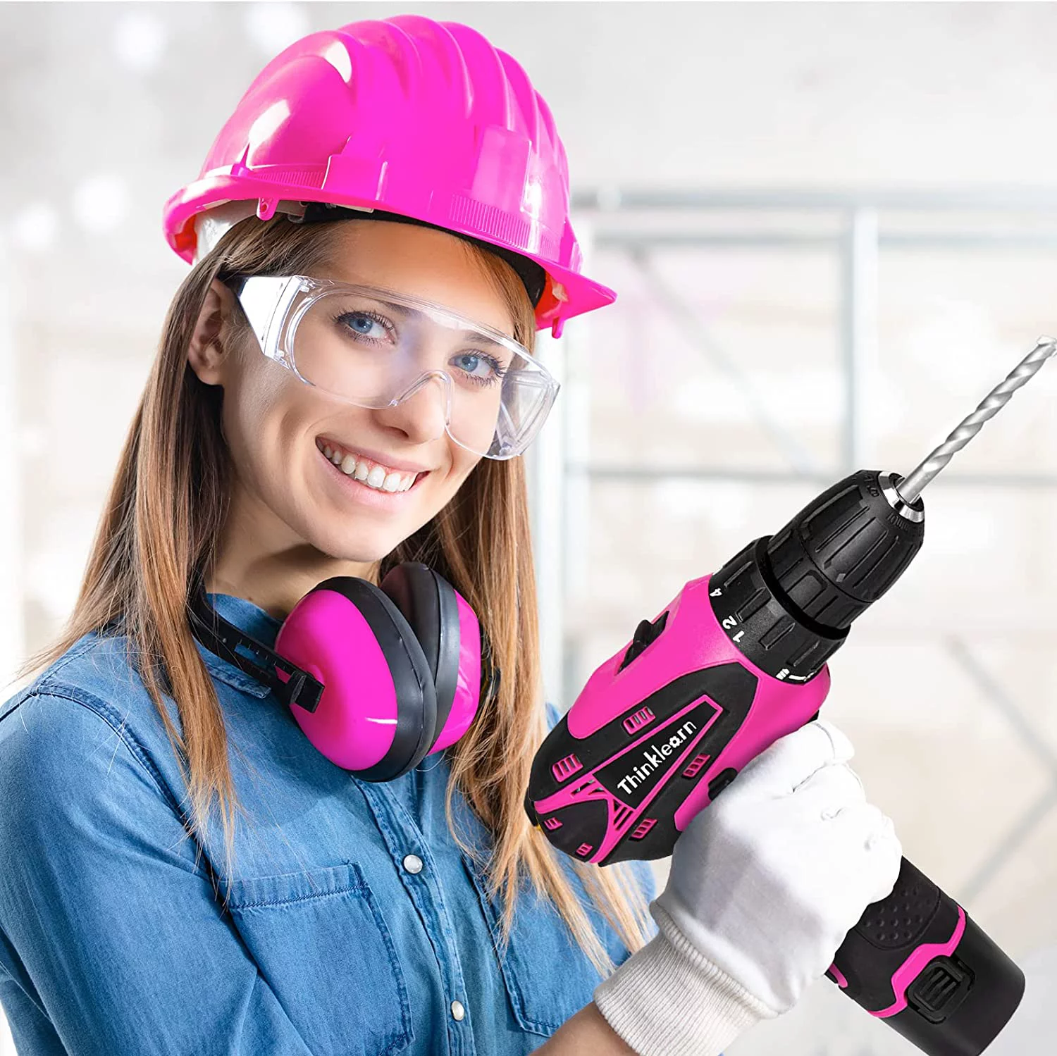 ThinkLearn Pink Drill Set for Women, 137 Piece Hand and Power Tool Set with 12V Cordless Drill