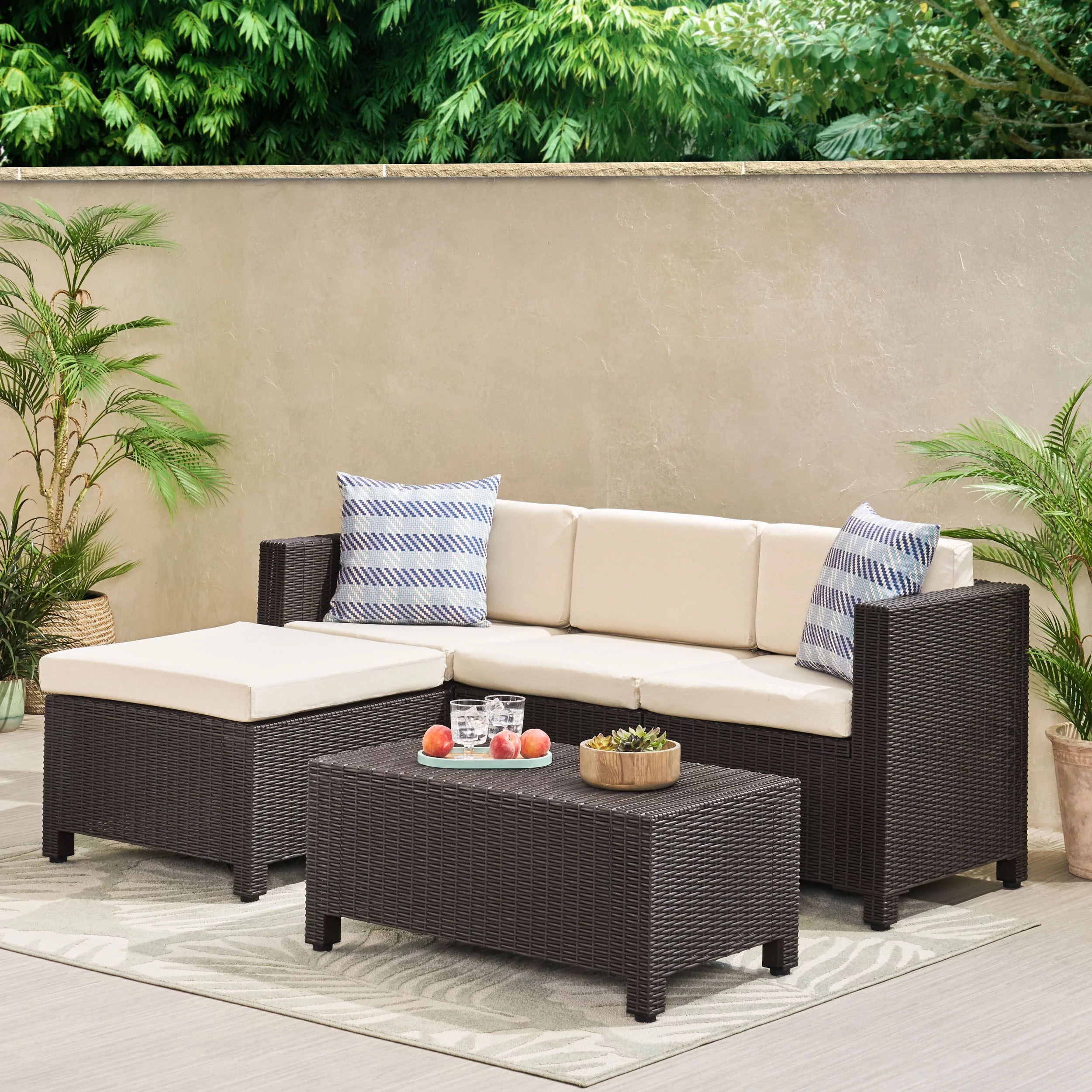 GDF Studio Riley Outdoor Faux Wicker 3 Seater Sectional Set with Ottoman, Gray