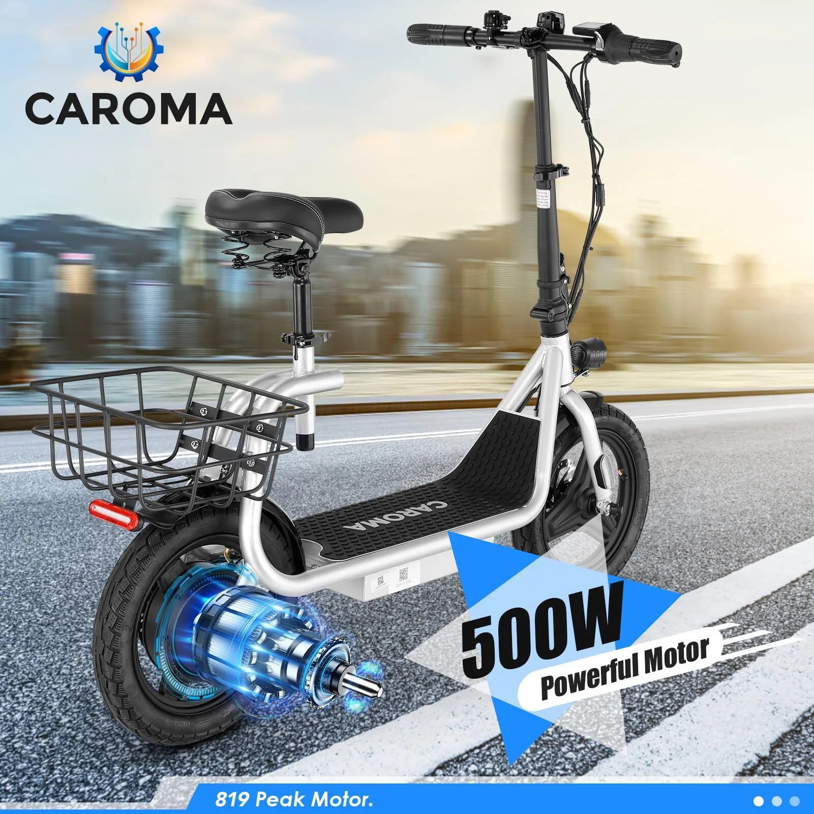 Caroma 500W Electric Scooter with Seat for Adult, 14 inch Commuter Electric Scooter with Dual Shock Absorbers and Basket – Up to 25 Miles 20 MPH, Silver