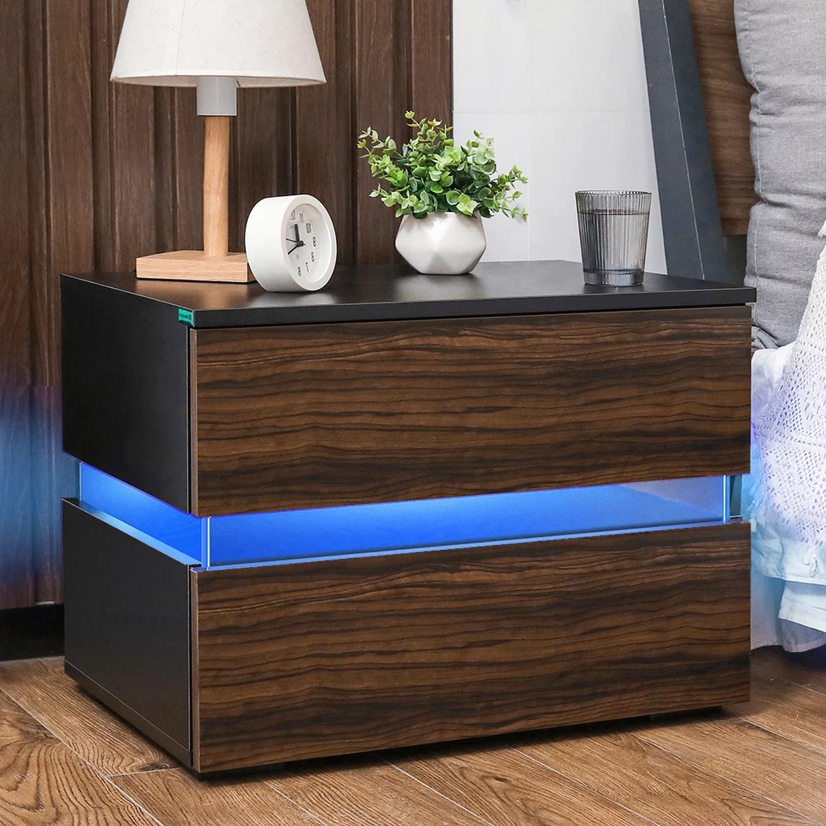 LED 2-Drawer Nightstand, Bedside Table with RGB LED Backlights, Bedroom Home Furniture