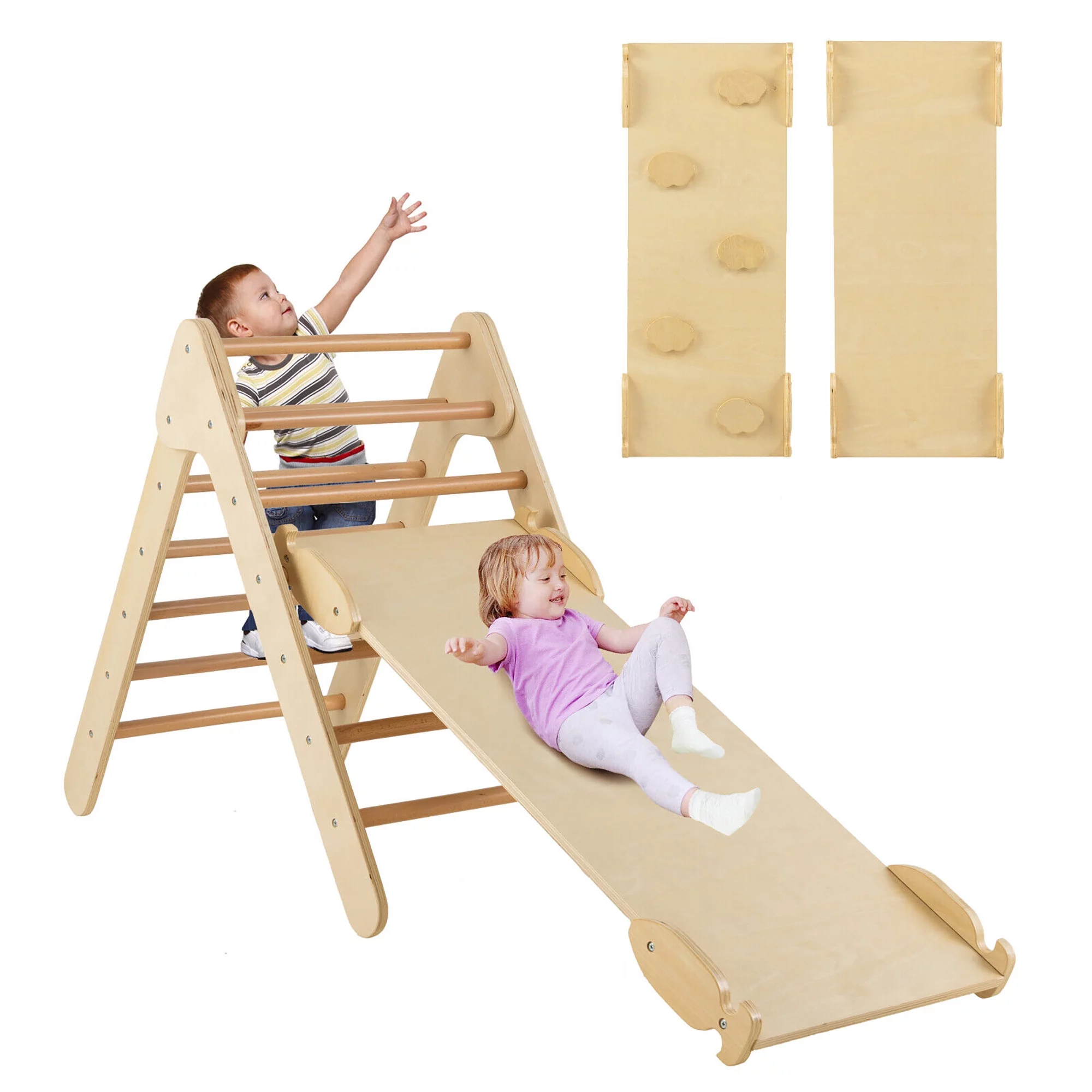 Gymax 3-in-1 Wooden Climbing Triangle Set Triangle Climber w/ Ramp Multi-color