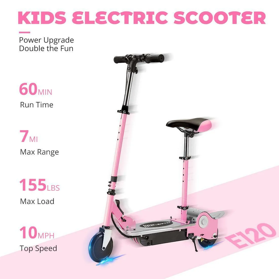 MAXTRA Foldable Electric Scooter with Removable Seat for Kids Ages 5-12 10mph 155lbs Pink