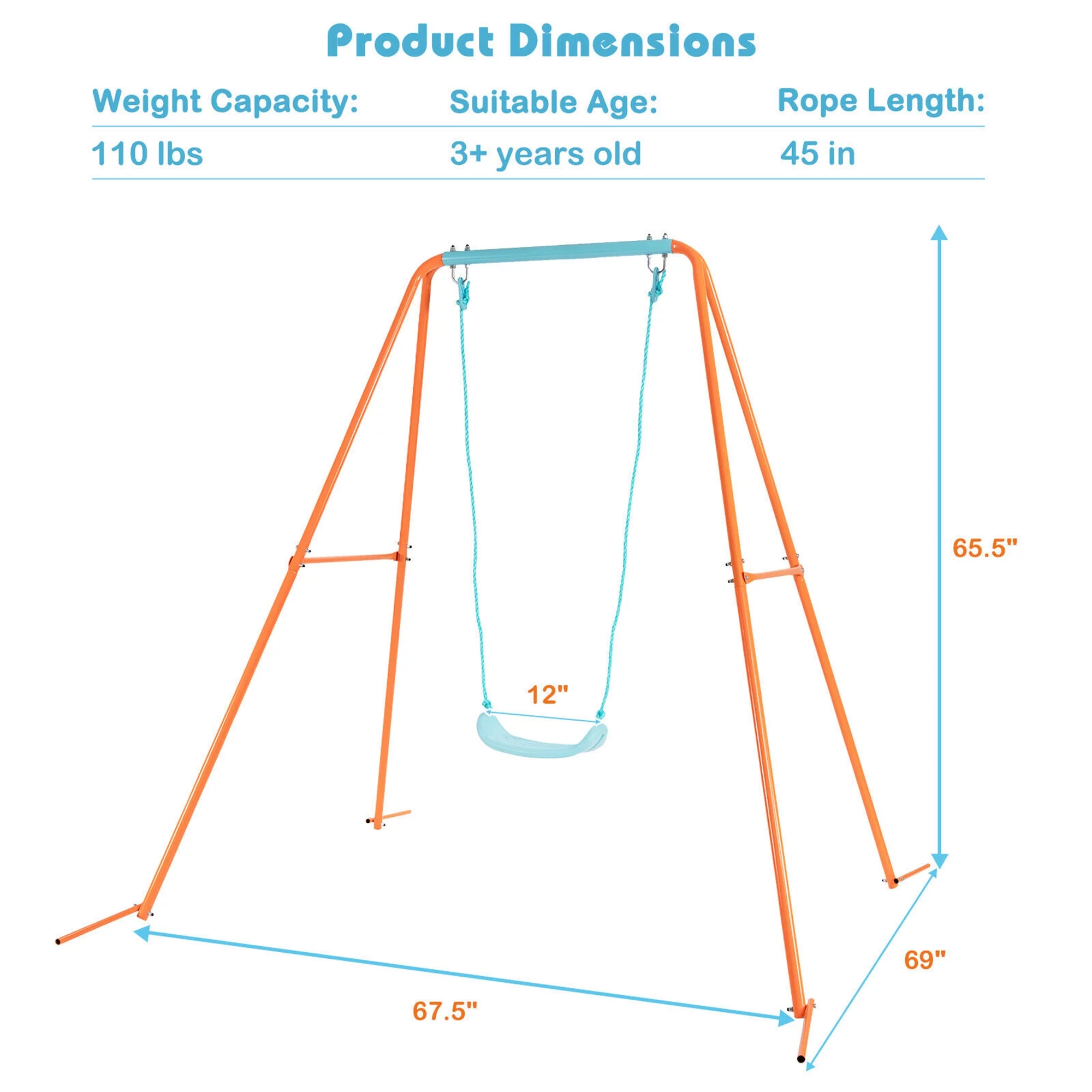 Gymax Outdoor Kids Swing Set Heavy Duty Metal A-Frame w/Ground Stakes Orange