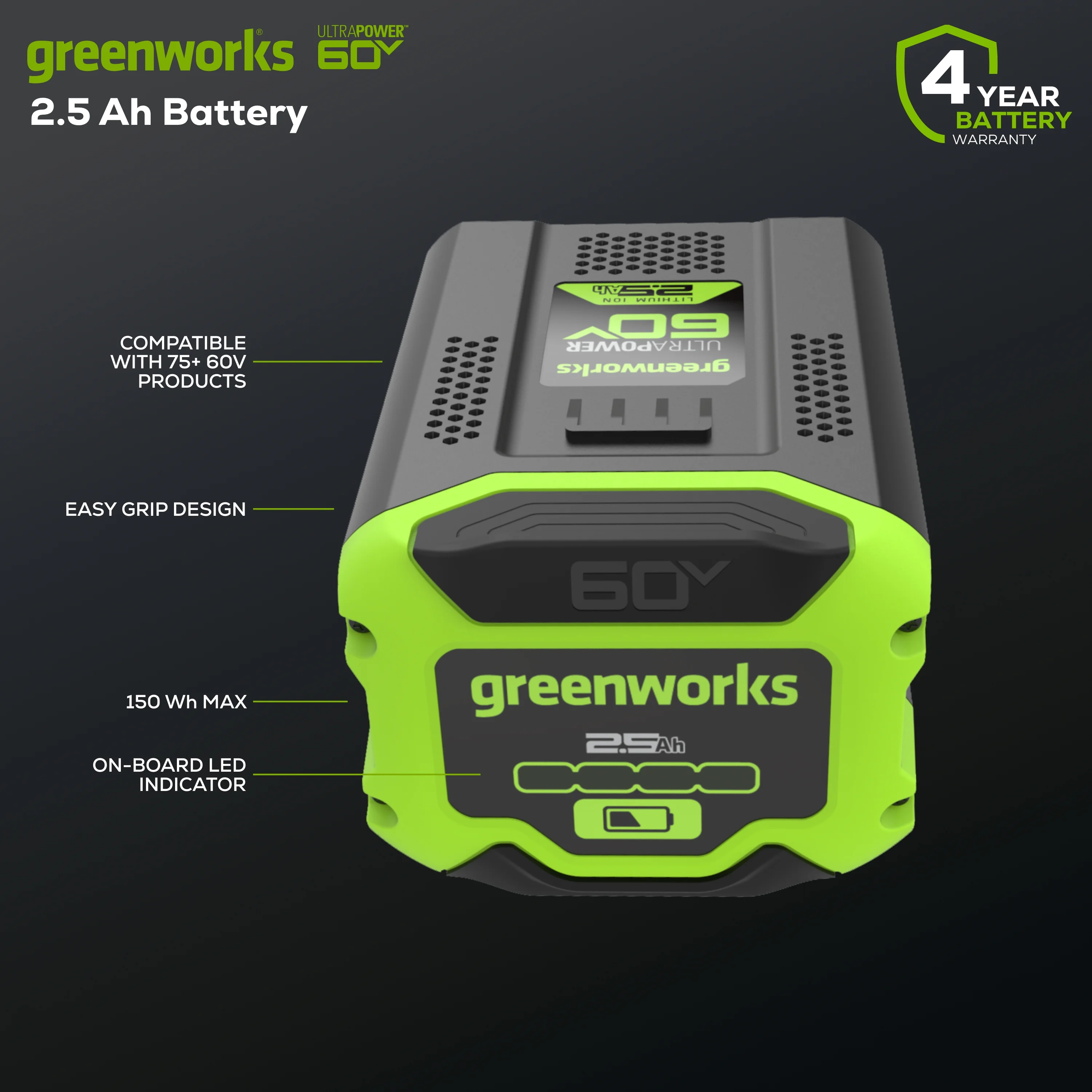 Greenworks 60 Volt 2.5 Ah Battery 1807202