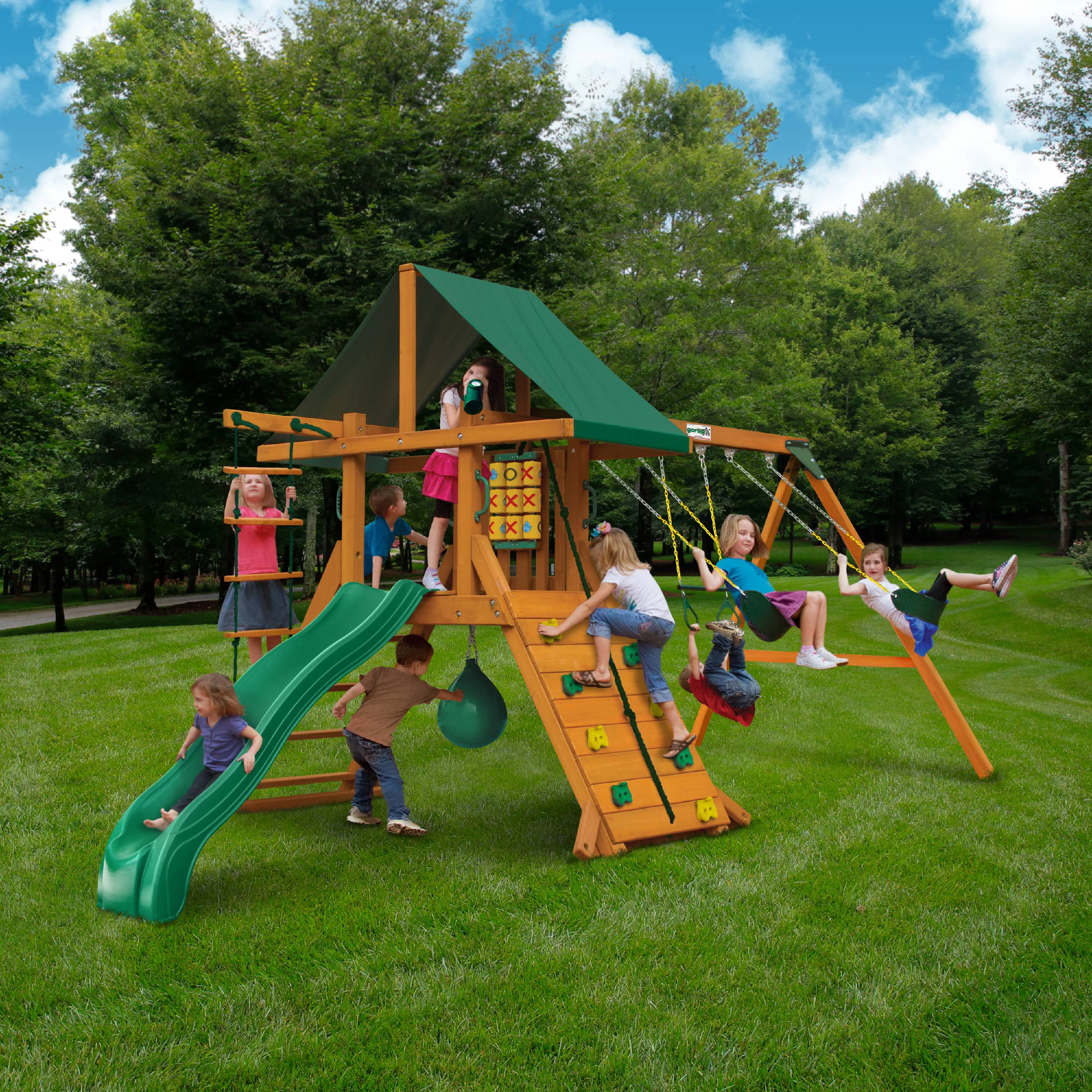 Gorilla Playsets Ozark II Wooden Swing Set with Punching Ball, 2 Belt Swings, and Trapeze Bar