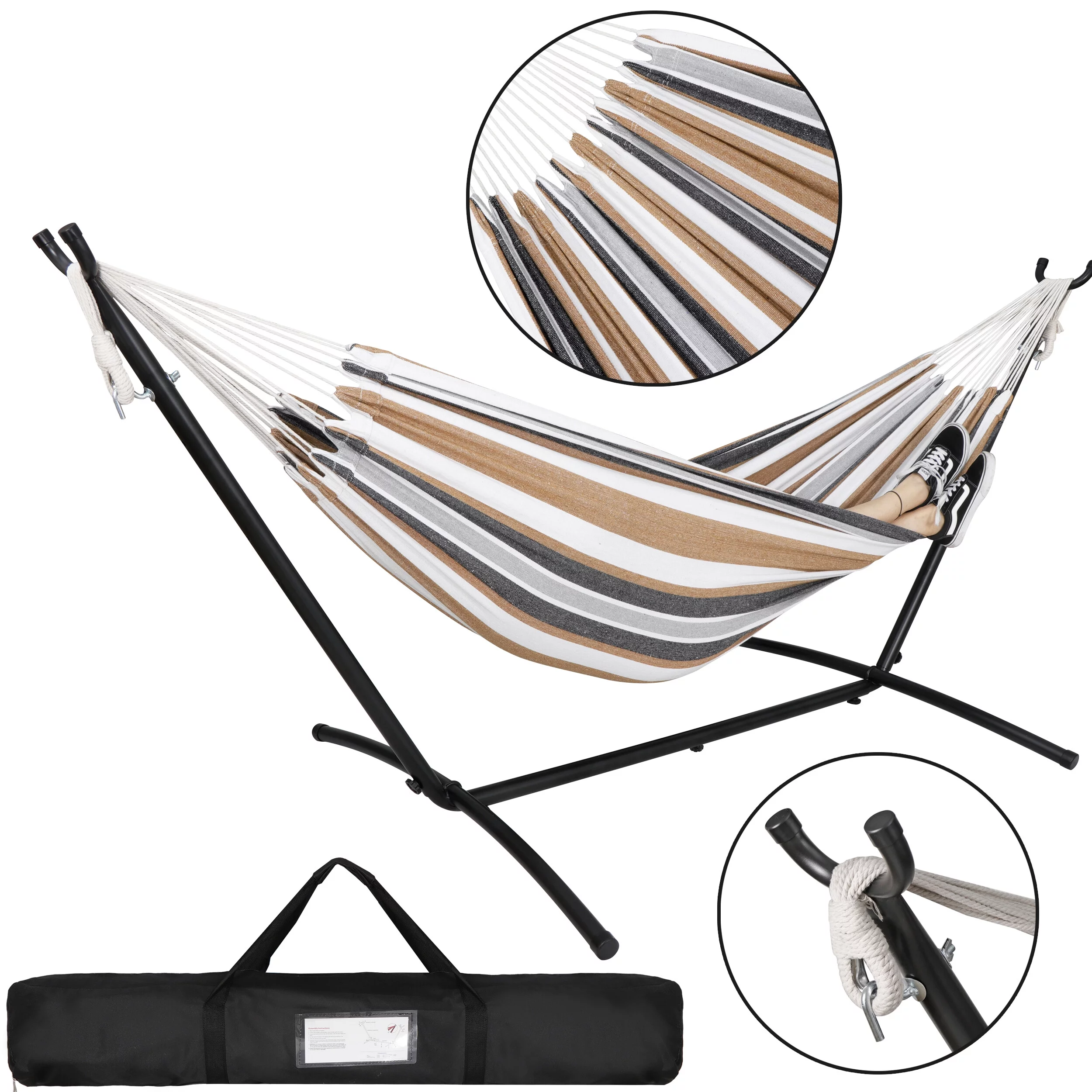 HomGarden Portable Double Outdoor Hammock W/9FT Stand Set,Carry Case, 78.7?? L x 61?? W, Brown