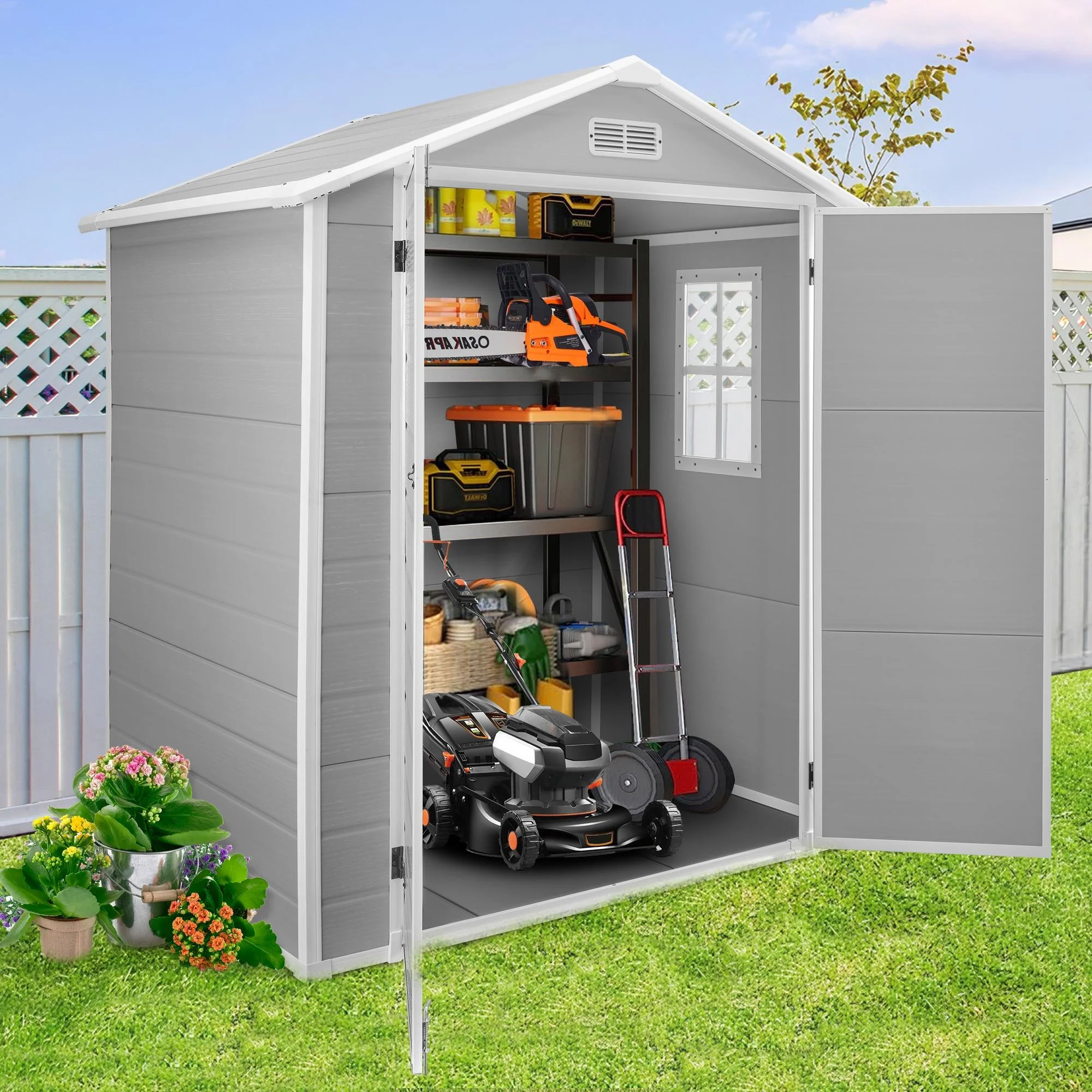 6′ x 4.4′ Plastic Outdoor Shed, All-Weather Resin Large Backyard Storage Sheds with Reinforced Floor, Lockable Door Garage Patio Garden Storage Shed