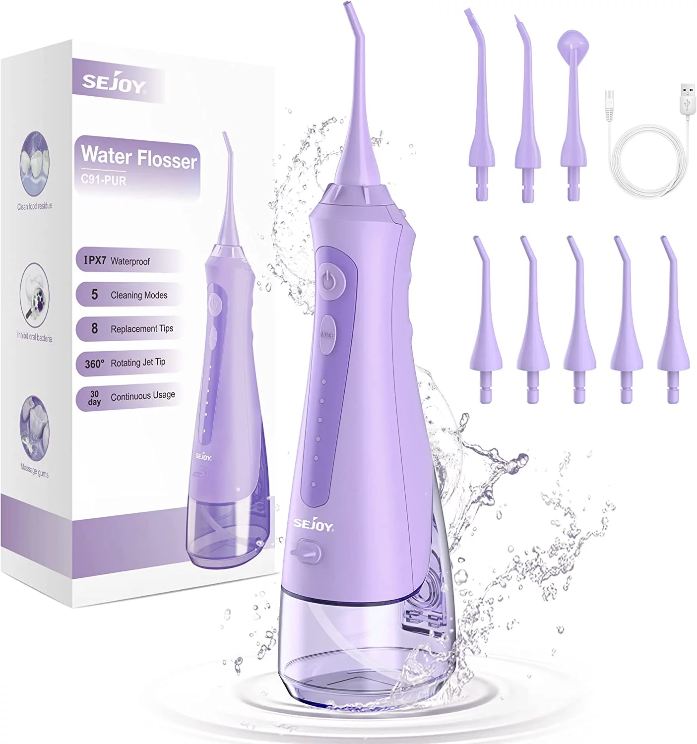 Sejoy Cordless Water Flosser, Dental Oral Irrigator, 5 Modes, 8 Jet Tips, 230ML Portable Rechargeable Waterproof Teeth Cleaner for Home and Travel