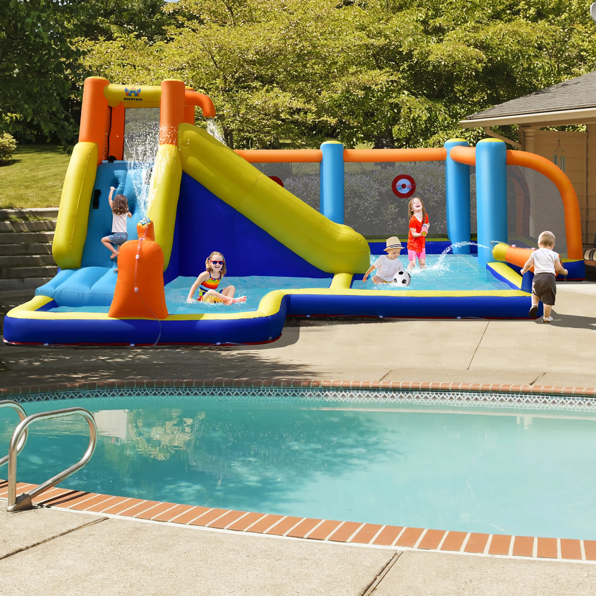 Costway Giant Soccer-Themed Inflatable Water Slide Bouncer W/ Splash Pool Without Blower