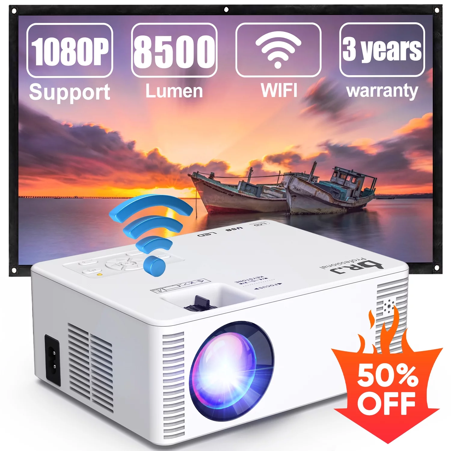 DR. J Professional Mini Projector with WIFI 8500L Portable Wifi Projector for Outdoor Movie Projector Support 1080P for Home Theater