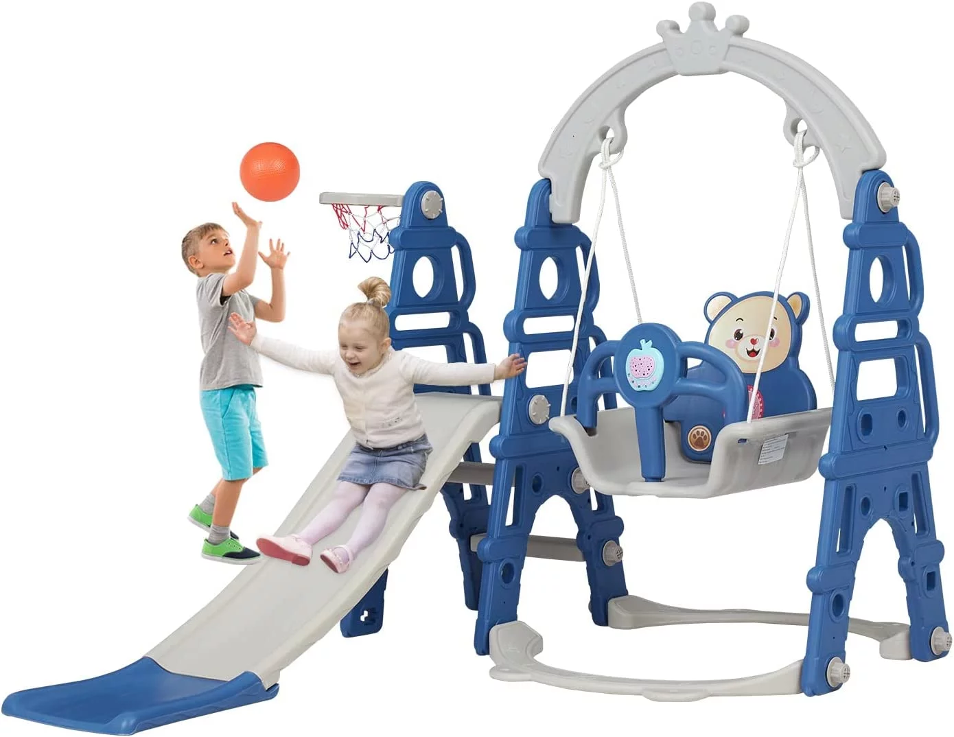 Kinbor 5-in-1 Kids Combination Slides Climbing Basketball Hoop and Swing Set w/ Strong Rope, Blue