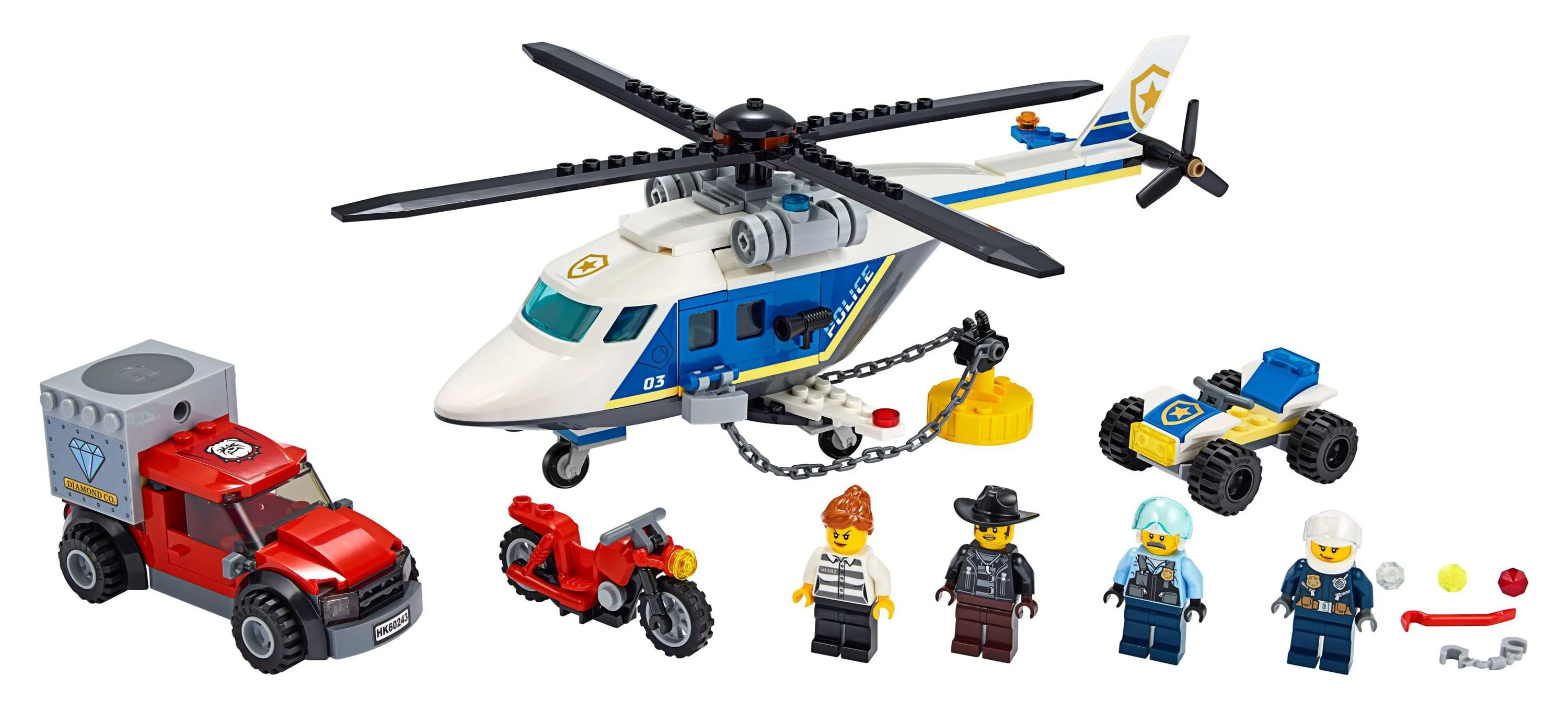 LEGO City Police Helicopter Chase 60243 Building Toy Set for Kids, Includes Toy Police ATV and Helicopter, Toy Motorbike, and a Getaway Truck,