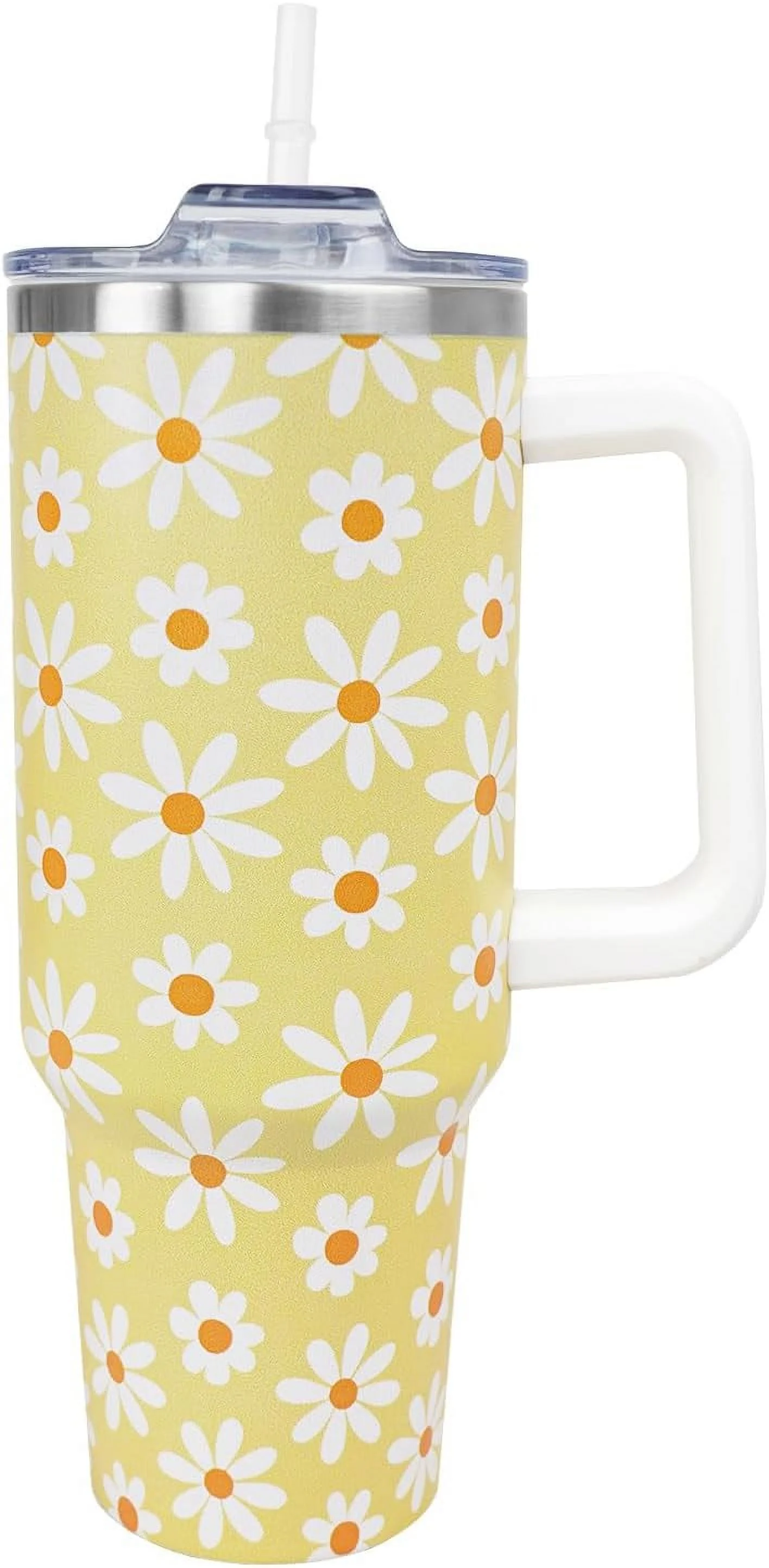 Daisy Cup, Daisy Gifts for Women, Floral Tumbler with Straw, Flower Daisy Water Bottle Tumbler Coffee Mug Drinking Glasses, Daisy Gift Decorations, Stainless Steel 40 Oz Tumbler with Handle and Straw