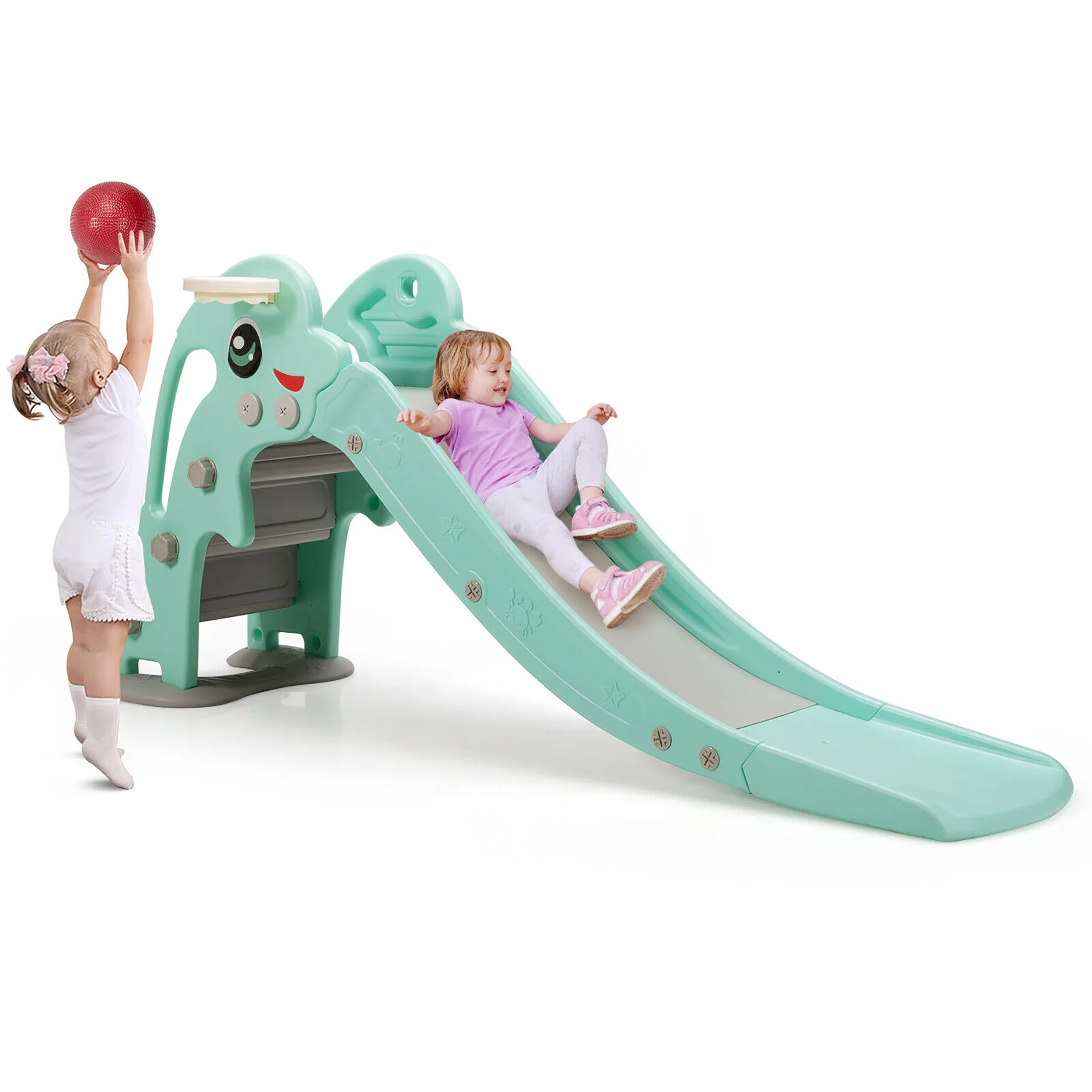 Costway 3-in-1 Kids Climber Slide Play Set w/Basketball Hoop Indoor & Outdoor Green