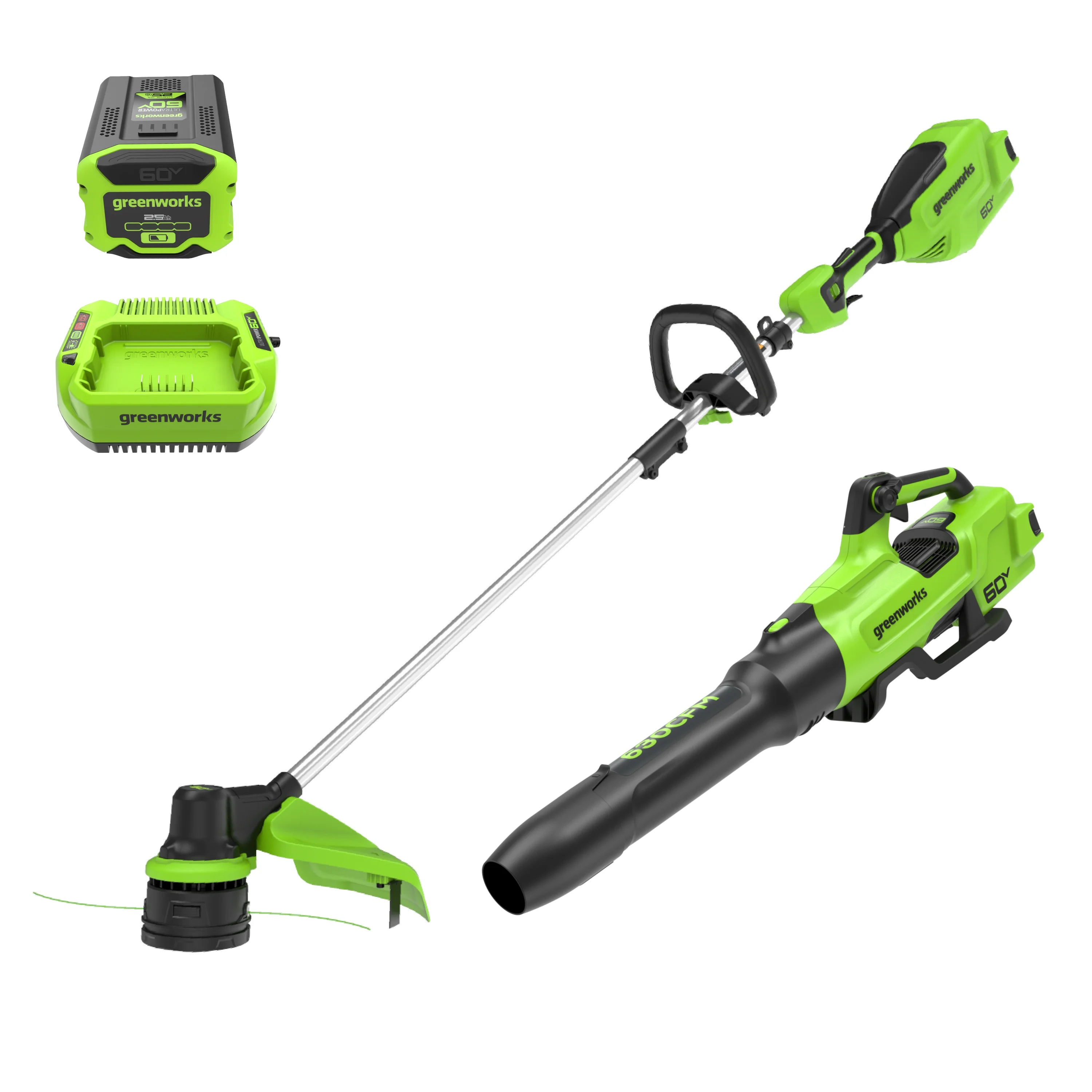 Greenworks 60V 16″ String Trimmer & 630 CFM 170 MPH Blower Combo Kit with 2.5Ah Battery & 3 Amp Charger 1359802