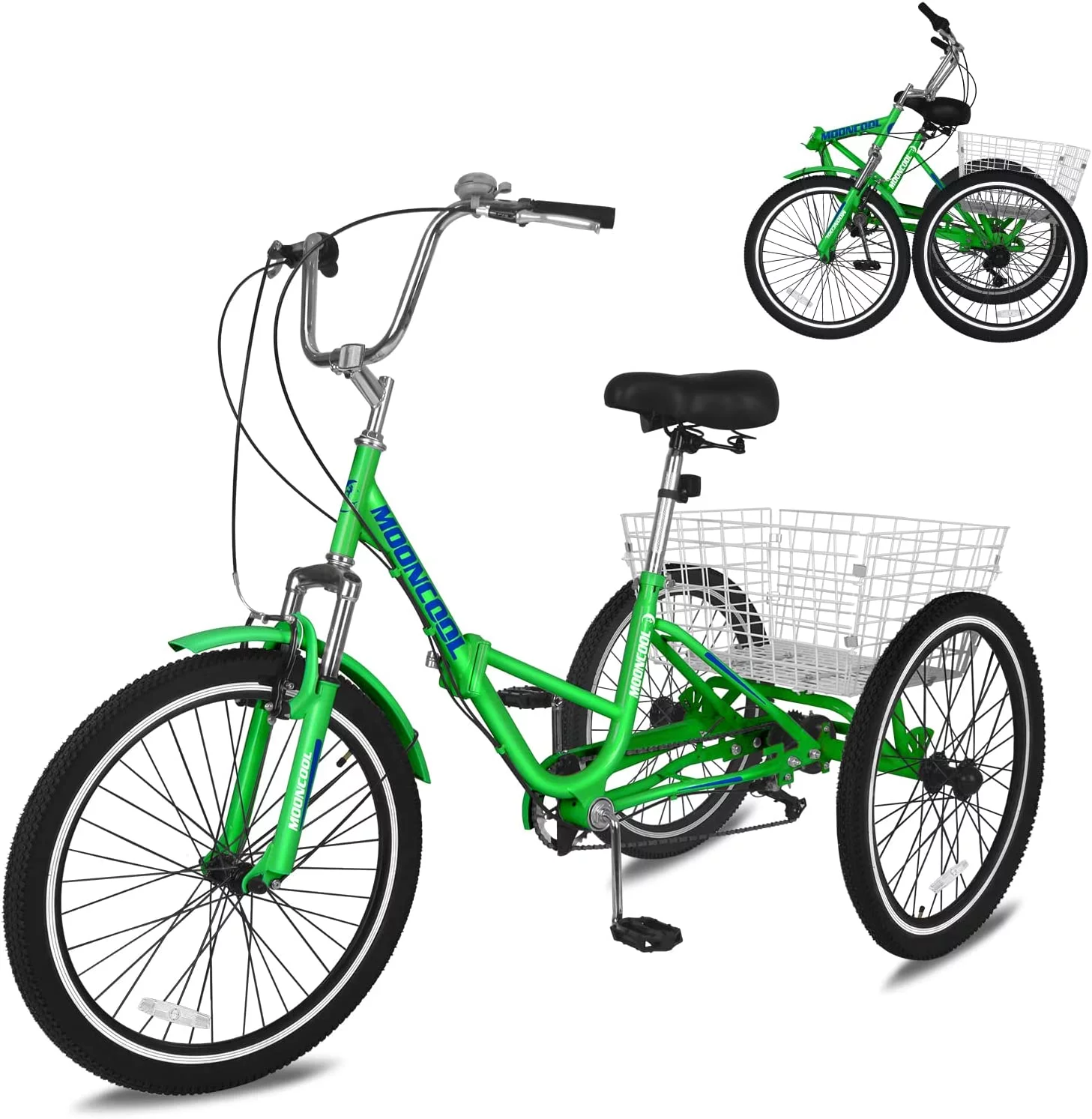 MOONCOOL Adult Folding Tricycle, 7 Speed 20/24/26 inch Adult Tricycles, Three Wheel Bike Cruiser Trike with Large Basket