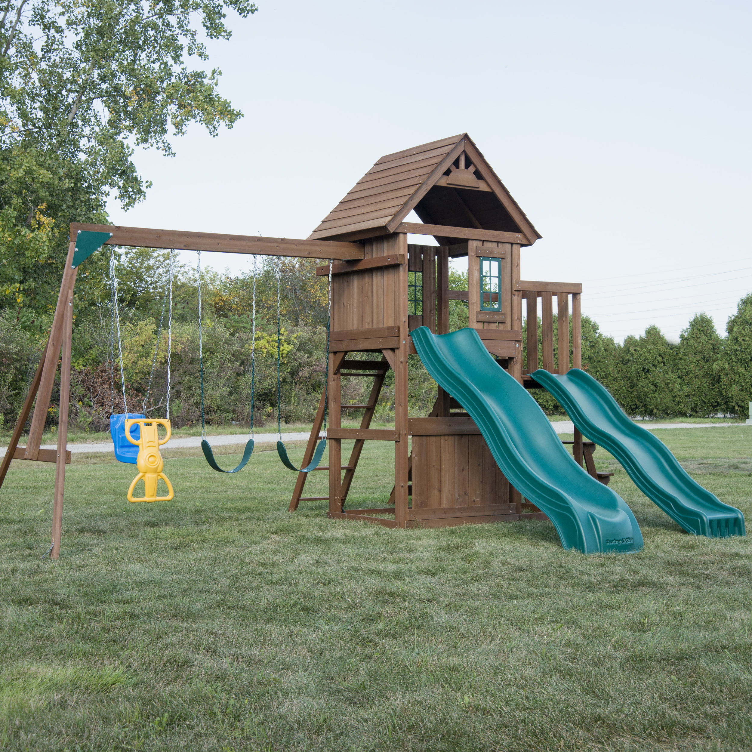 Swing-N-Slide Knightsbridge Deluxe Wood Backyard Swing Set with Two Slides, Wood Roof, Climbing Rock Wall, and Swings