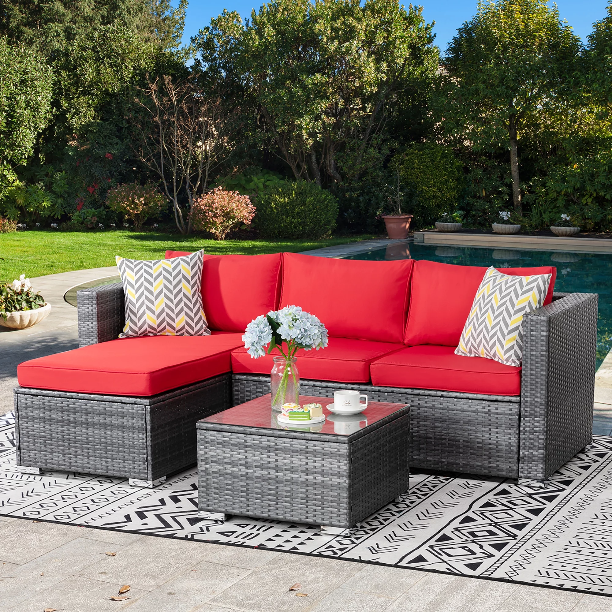 Walsunny 3 Piece Aegean Blue Outdoor Furniture Sectional Sofa Patio Set Silver Gray Rattan Wicker